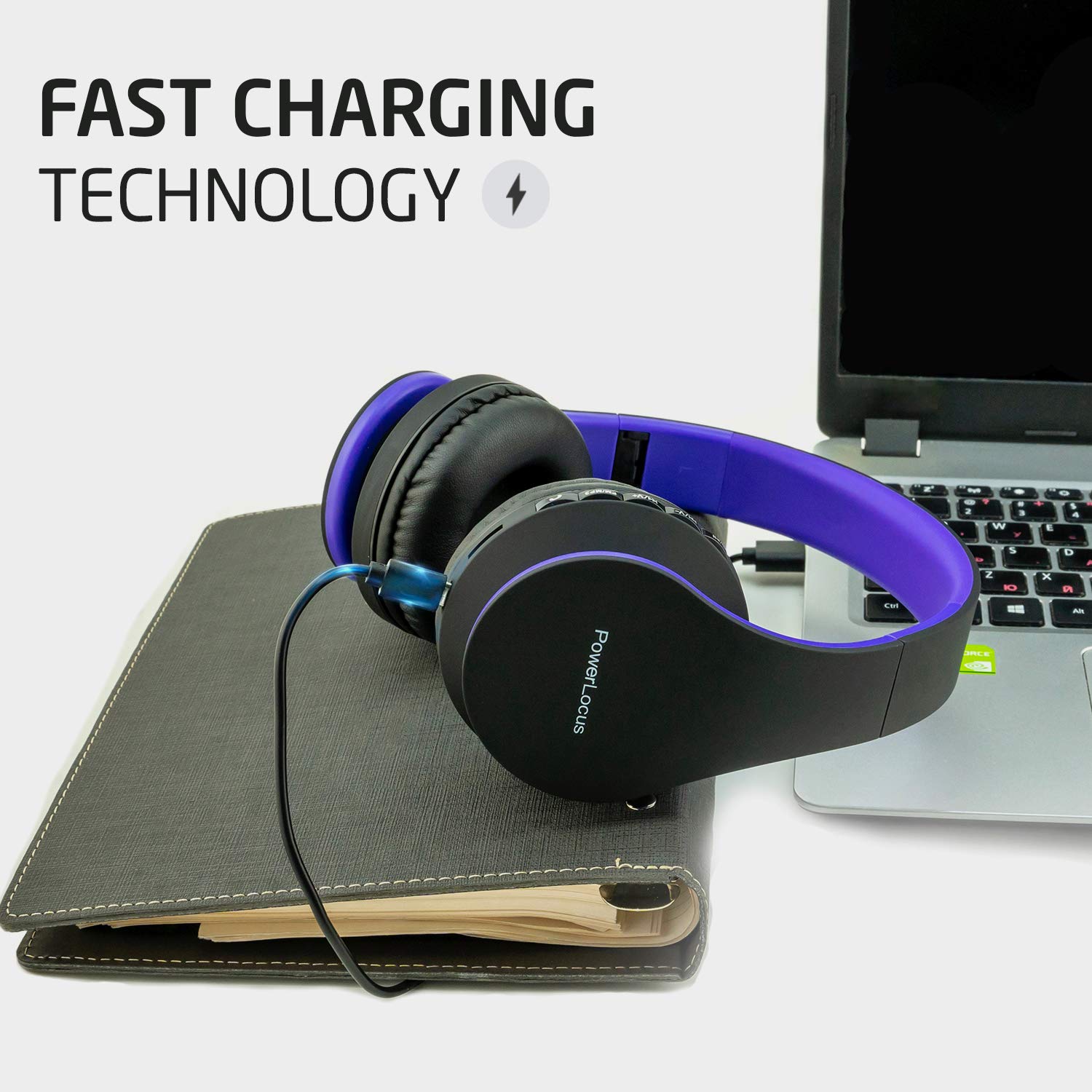 PowerLocus Rose Gold Wireless Bluetooth Headphones - Noise Cancelling Over-Ear Headset with Built-in Mic for iPhone Android PC (Black/Purple) - Perfect for Travel, Workouts & Gaming