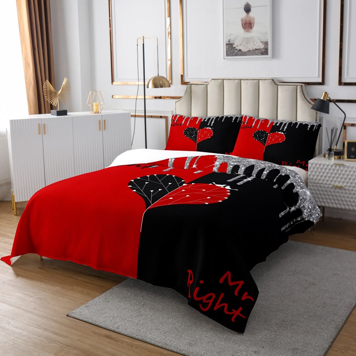 Romantic Red & Black Lovebirds Comforter Set - Twin Size Bedspread for Couples, Valentine's Day & Wedding Decor | Modern Glitter Quilt with 2-Piece Coverlet & Pillowcase | Perfect for Master Bedroom, Guest Room & Anniversary Gifts