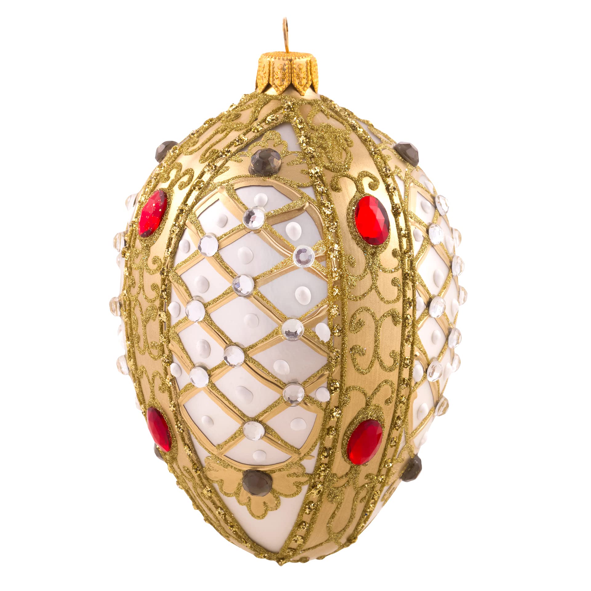 Luxury Fabergé Egg Christmas Tree Ornament - 5-Inch Blown Glass White & Gold Holiday Decoration with Crystals - Perfect for Christmas Tree Decor, Gift Giving & Festive Home Decor