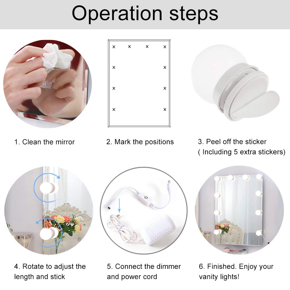 Chende Hollywood Vanity Lights for Makeup - 14 Dimmable LED Bulbs with AC Adapter, Stick-On Mirror Lights for Dressing Room & Bathroom (Mirror Not Included) - Perfect for Makeup Application, Photography Lighting, and Home Decor