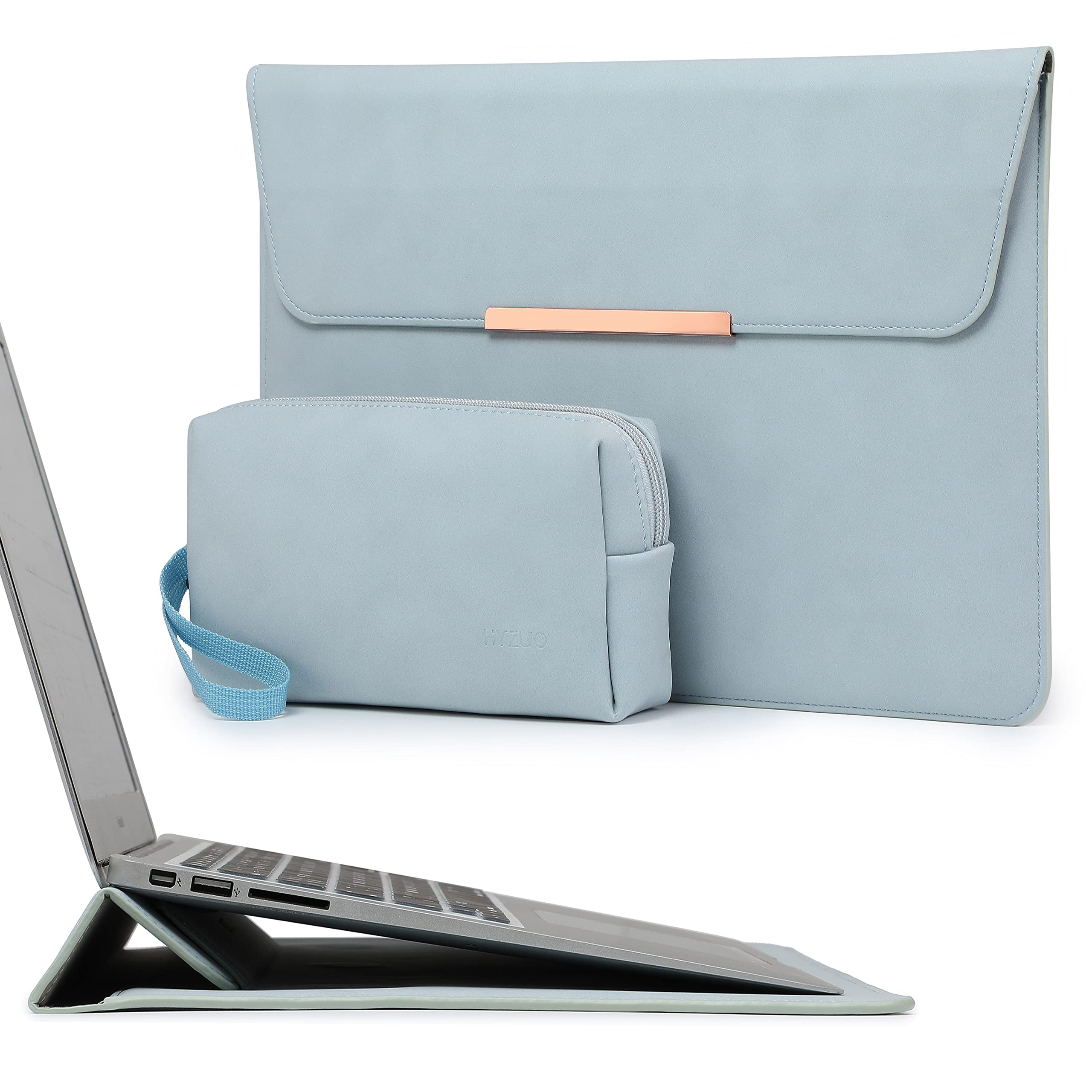 HYZUO 13.3-14 Inch Laptop Sleeve with Stand - Compatible with MacBook Pro 14 M2/M1 (2021-2024), MacBook Air 13 (2012-2017) - Protective Case with Accessory Bag in Pale Blue - Perfect for Work, Travel & School