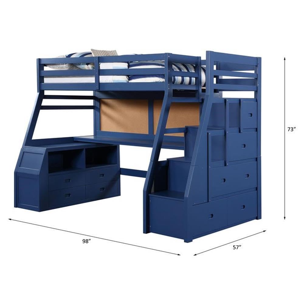 Acme Jason II Twin Wooden Loft Bed with Storage & 8 Drawers - Navy Blue - Space-Saving Kids Bedroom Furniture for Small Rooms & Dorm Organization
