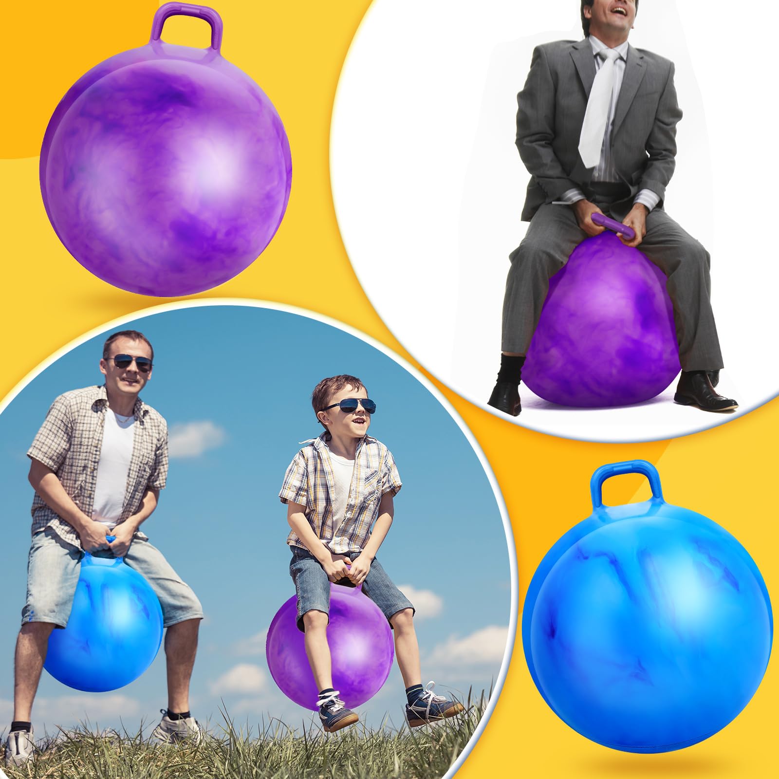 Lewtemi 2 Pack 29 Inch Exercise Hopper Balls with Handles - Bouncy Jumping Balls for Adults, Kids Outdoor Sports & Fitness Workout - Includes Air Pump (Gradient Purple & Blue) - Perfect for Backyard Games, Gym Training & Family Fun Activities