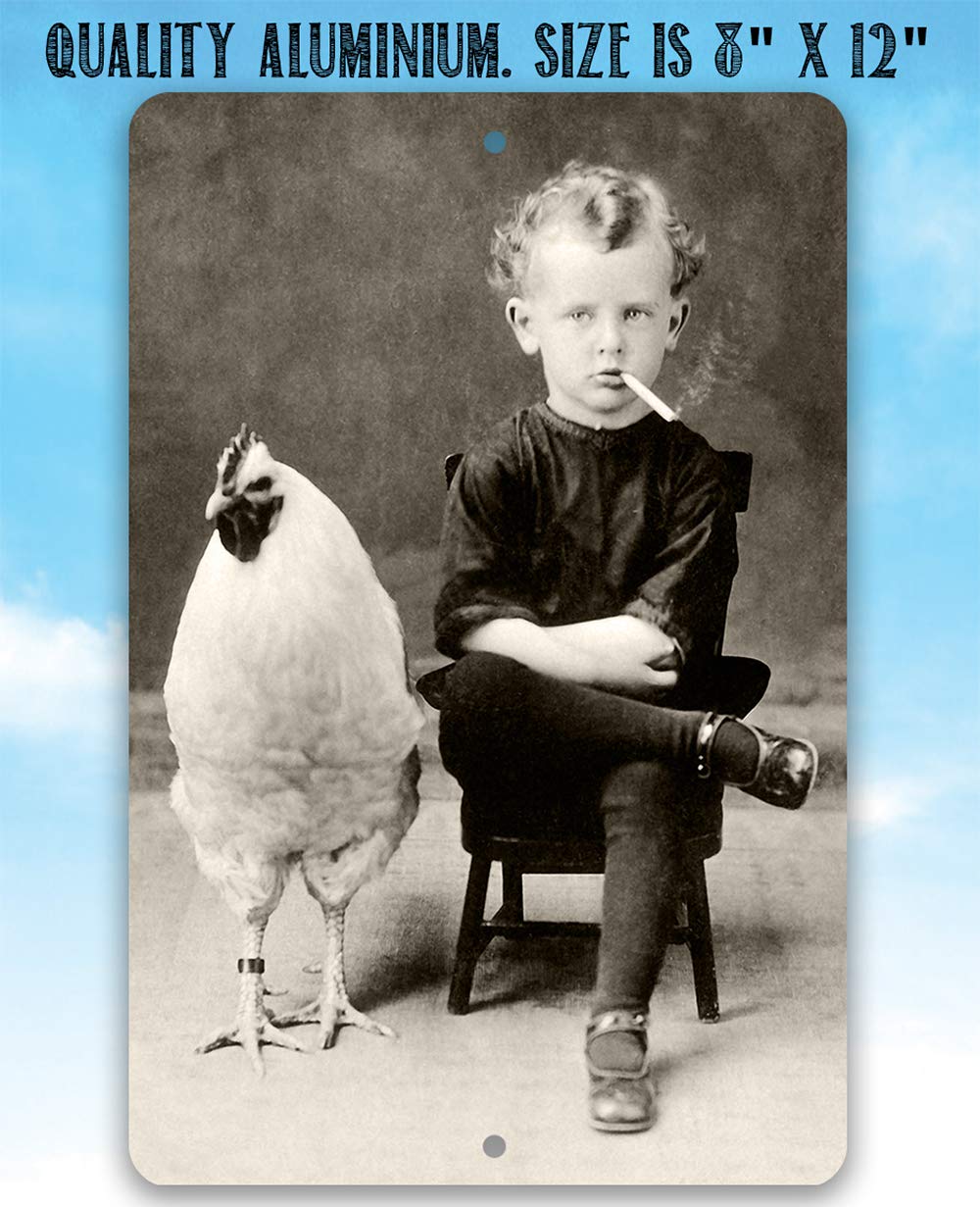 Bizarre Strange Weird Chicken Boy Metal Sign - 8x12 Inch Durable Indoor/Outdoor Wall Decor - Unique Conversation Starter & Quirky Gift Under $15 for Home, Office, Bar, or Man Cave