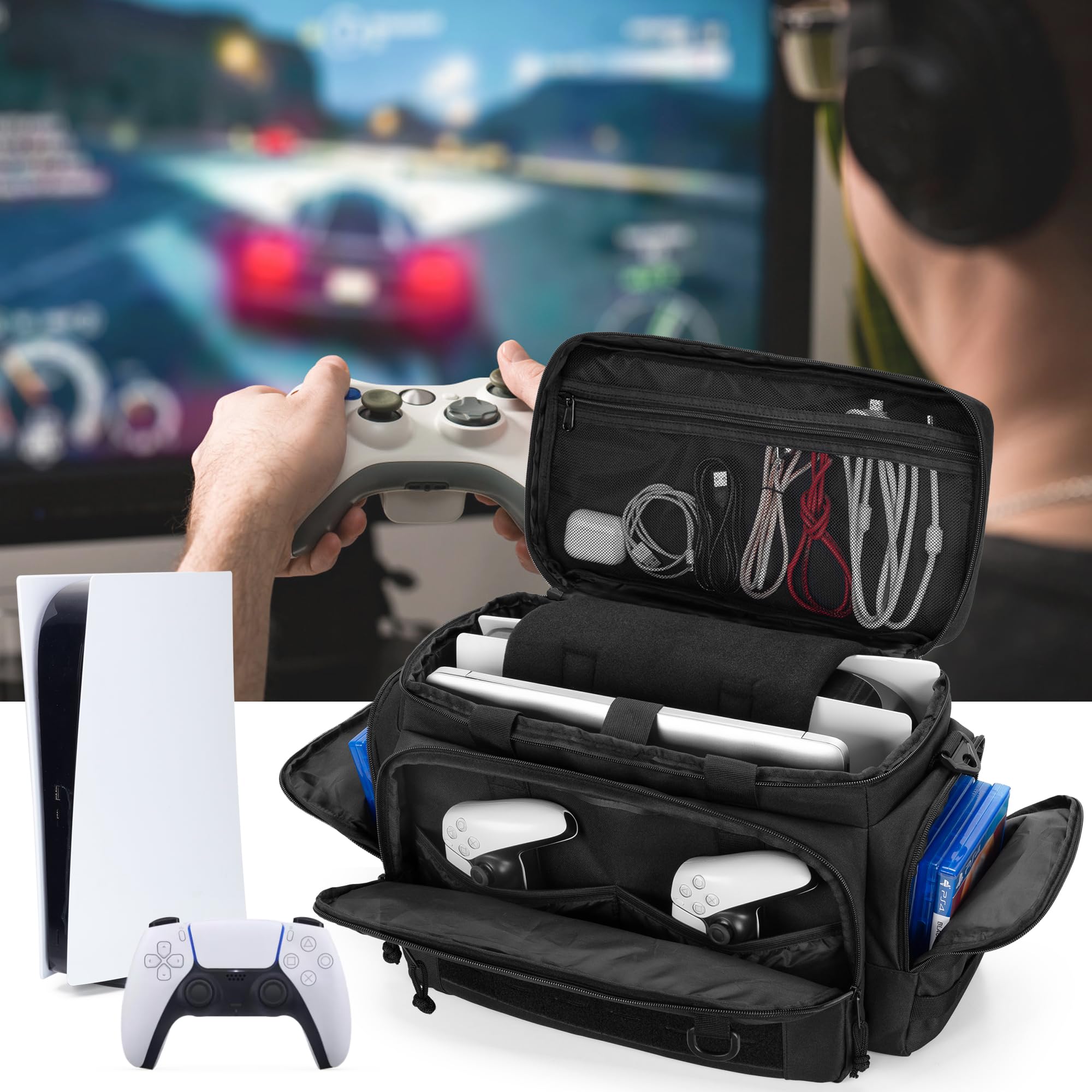 Tactical Carrying Case for PS5/PS5 Pro Console - Durable Travel Bag with Multiple Pockets Fits 15.6’’ Laptop, Controllers, Games & Accessories (Patent Design) - Perfect for Gaming Travel, Storage & Protection
