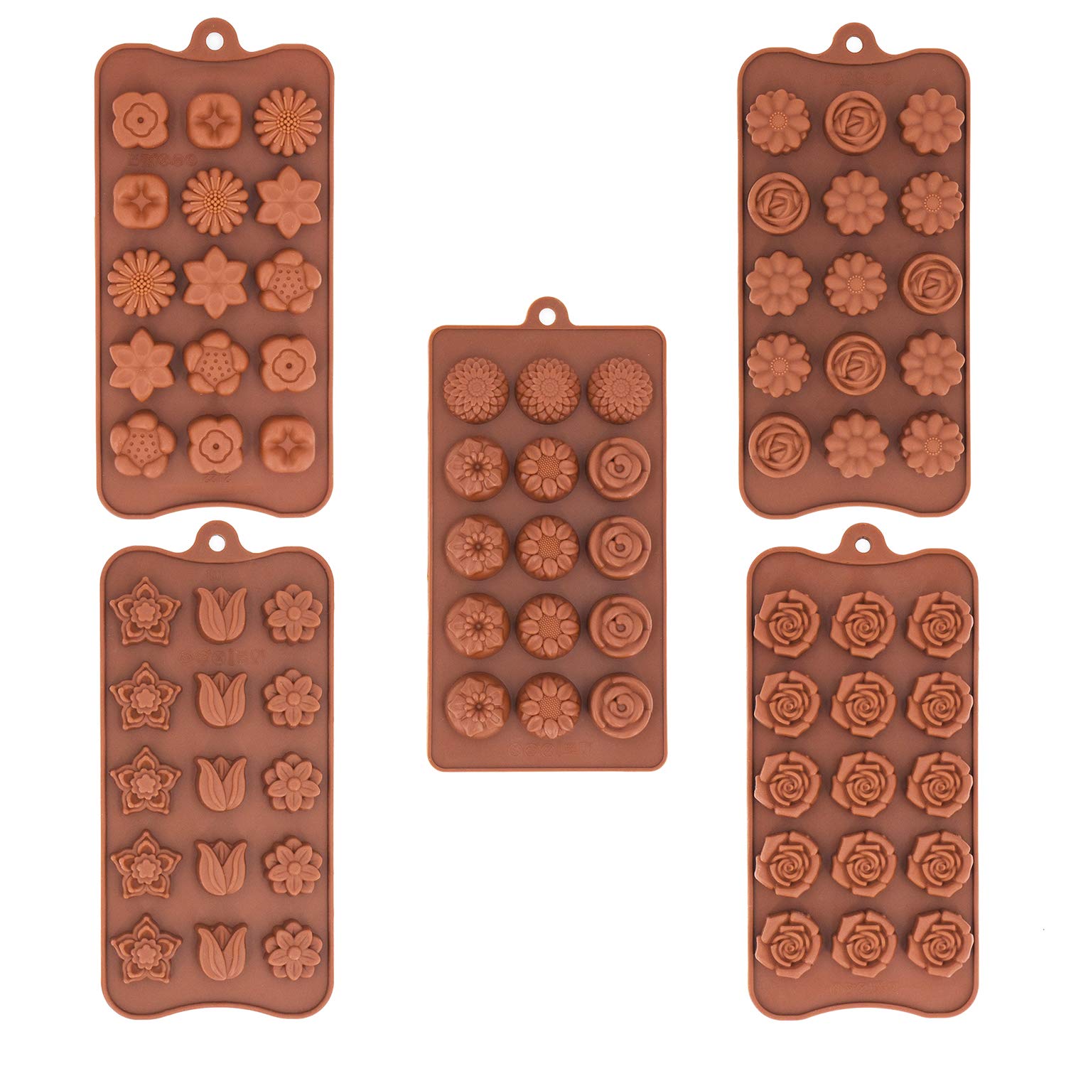 5 Pack Flower Chocolate Molds Set - BPA Free Non-Stick Silicone Candy Molds for Hard Candy, Gummy, Keto Fat Bomb, Jello, Ice Cube & Soap Making (16 Shapes: Rose, Daisy, Sakura, Sunflower, Tulip) - Perfect for DIY Desserts, Party Favors & Home Baking