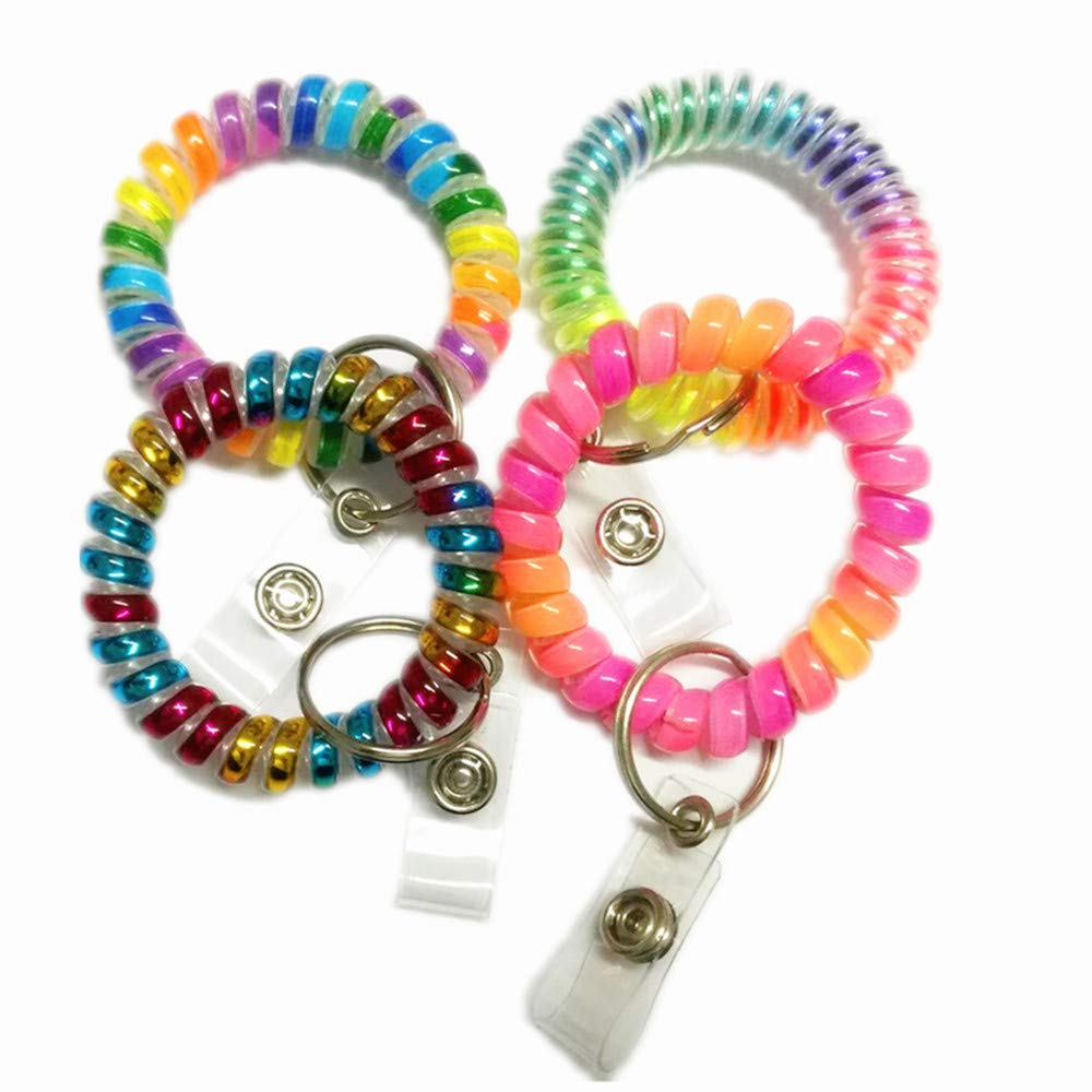 Bright Color Flexible Stretchable Plastic Spring Spiral Wristband Keychain - 4 Pack for ID Cards, Keys & Accessories | Perfect for Sports, Swimming, Yoga, Sauna, Office & School Use