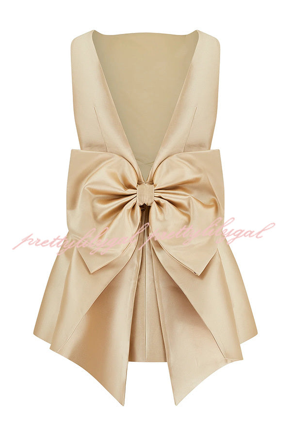 Ultimate Muse Satin Oversized Bow Detail Square Neck Mini Dress - Elegant Party & Cocktail Dress for Women, Perfect for Weddings, Date Nights & Special Occasions