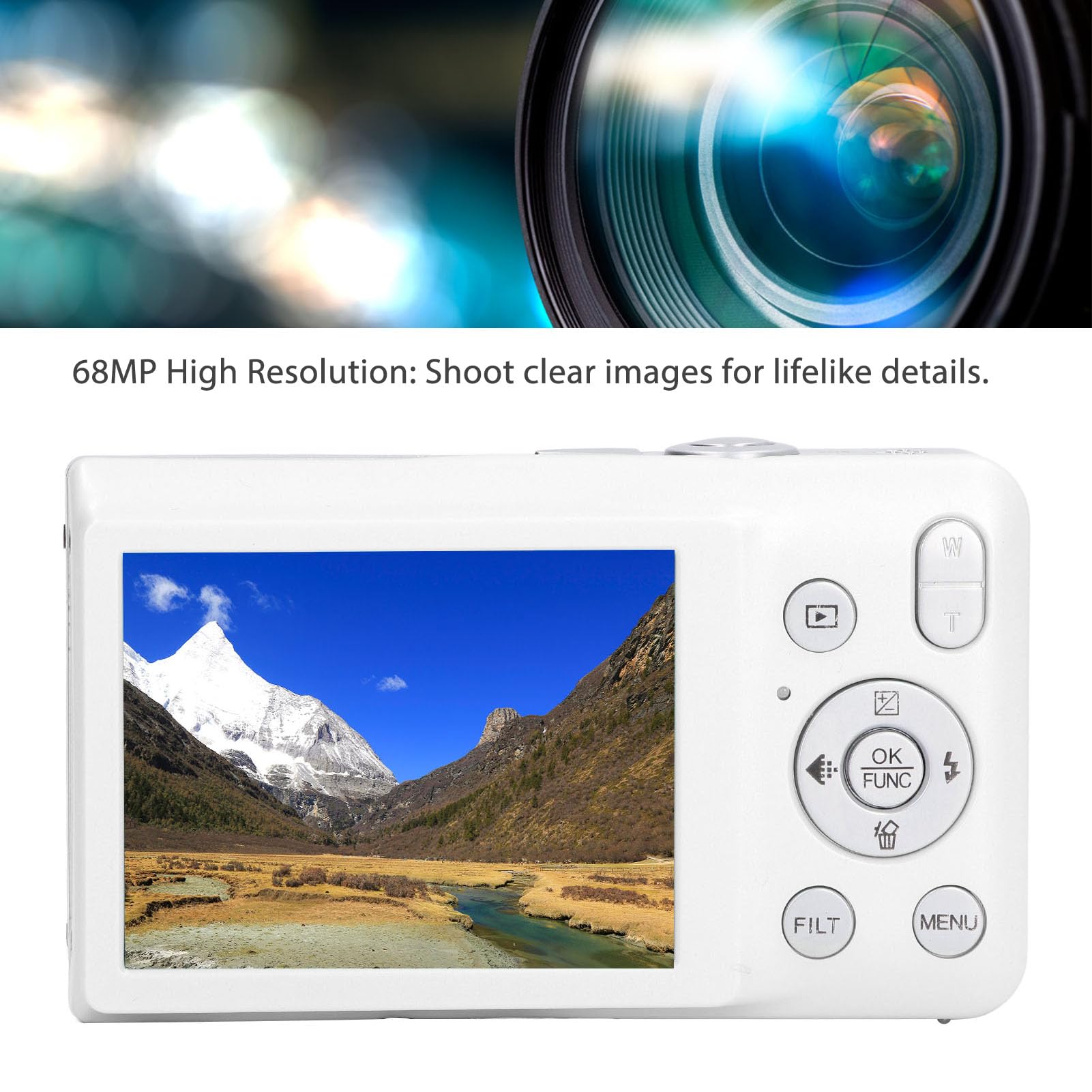 8K HD 68MP Digital Camera with 2.7in Screen & 16X Zoom - Compact Vlogging Camera with Beauty Filter & Instant Printing for Students, Teens, Adults - Perfect for Travel, YouTube Videos & Family Moments (White)