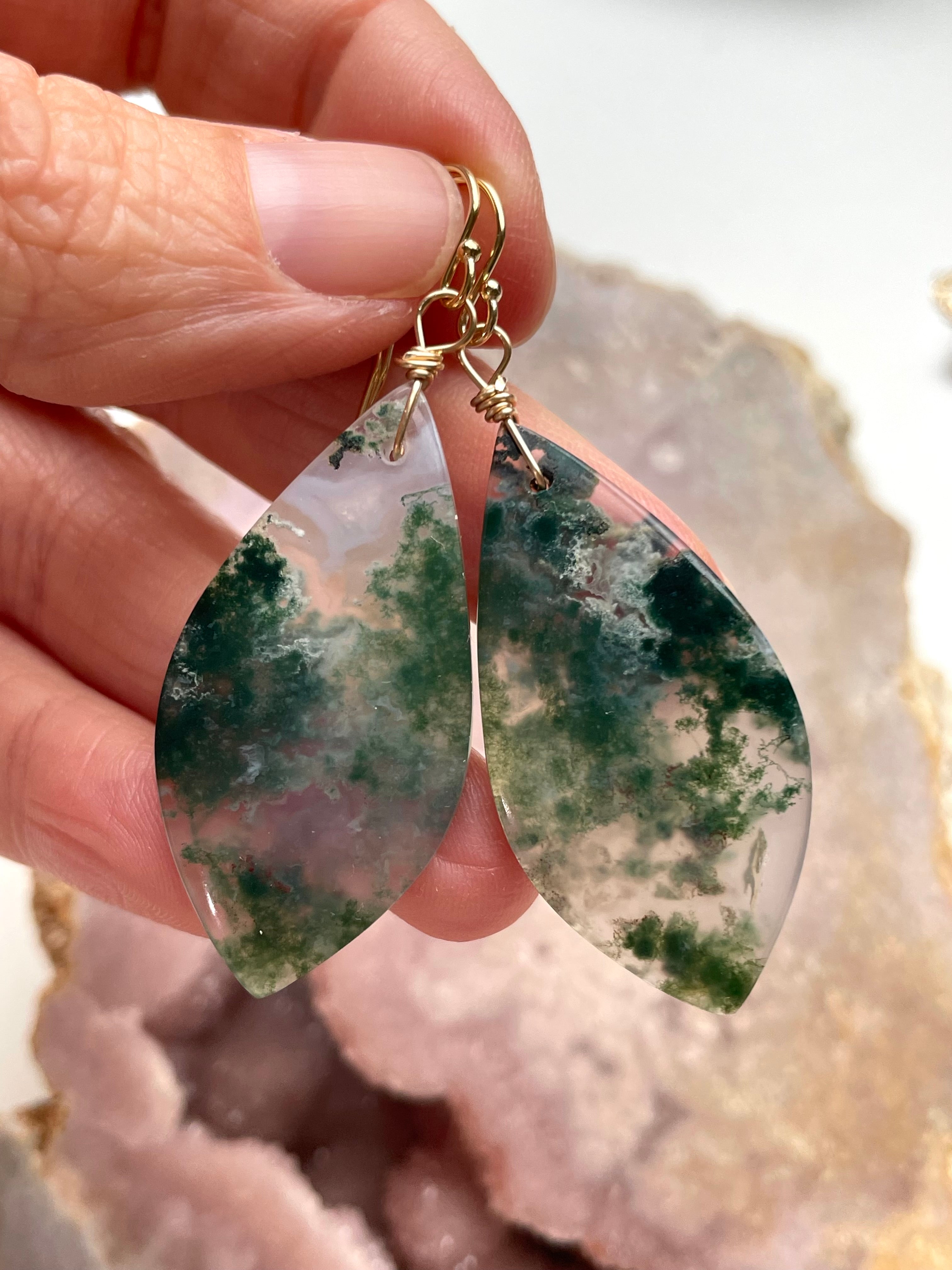 Large Moss Agate Statement Earrings - Gold Filled Dangle Earrings for Women | Boho Chic Jewelry for Parties, Weddings & Special Occasions