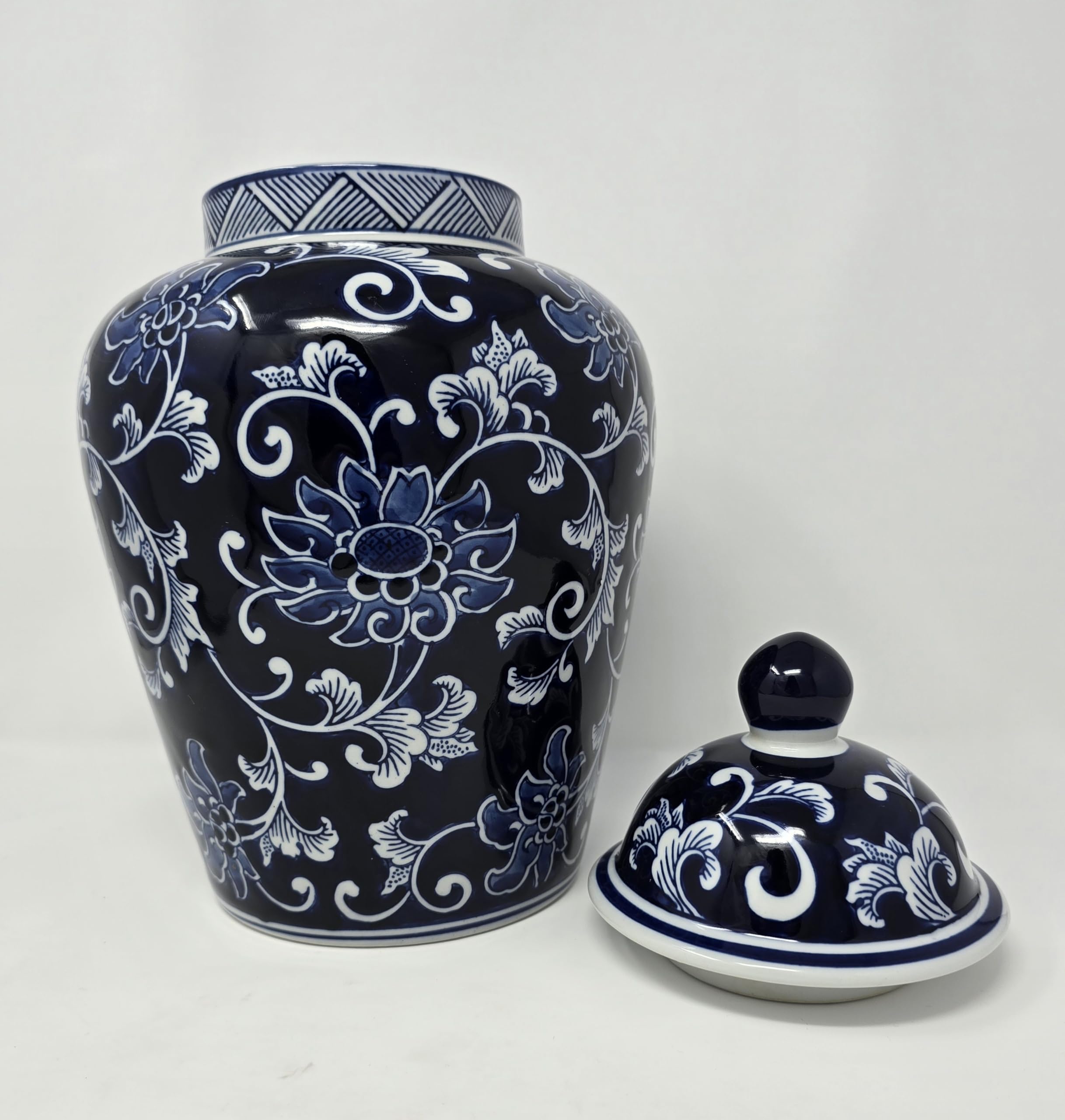 Festcool 12.5 Inch Blue and White Porcelain Floral Temple Ginger Jar Vase - Qing Dynasty Style Decorative Vase for Home Decor, Living Room Centerpiece, Asian-Inspired Interior Design