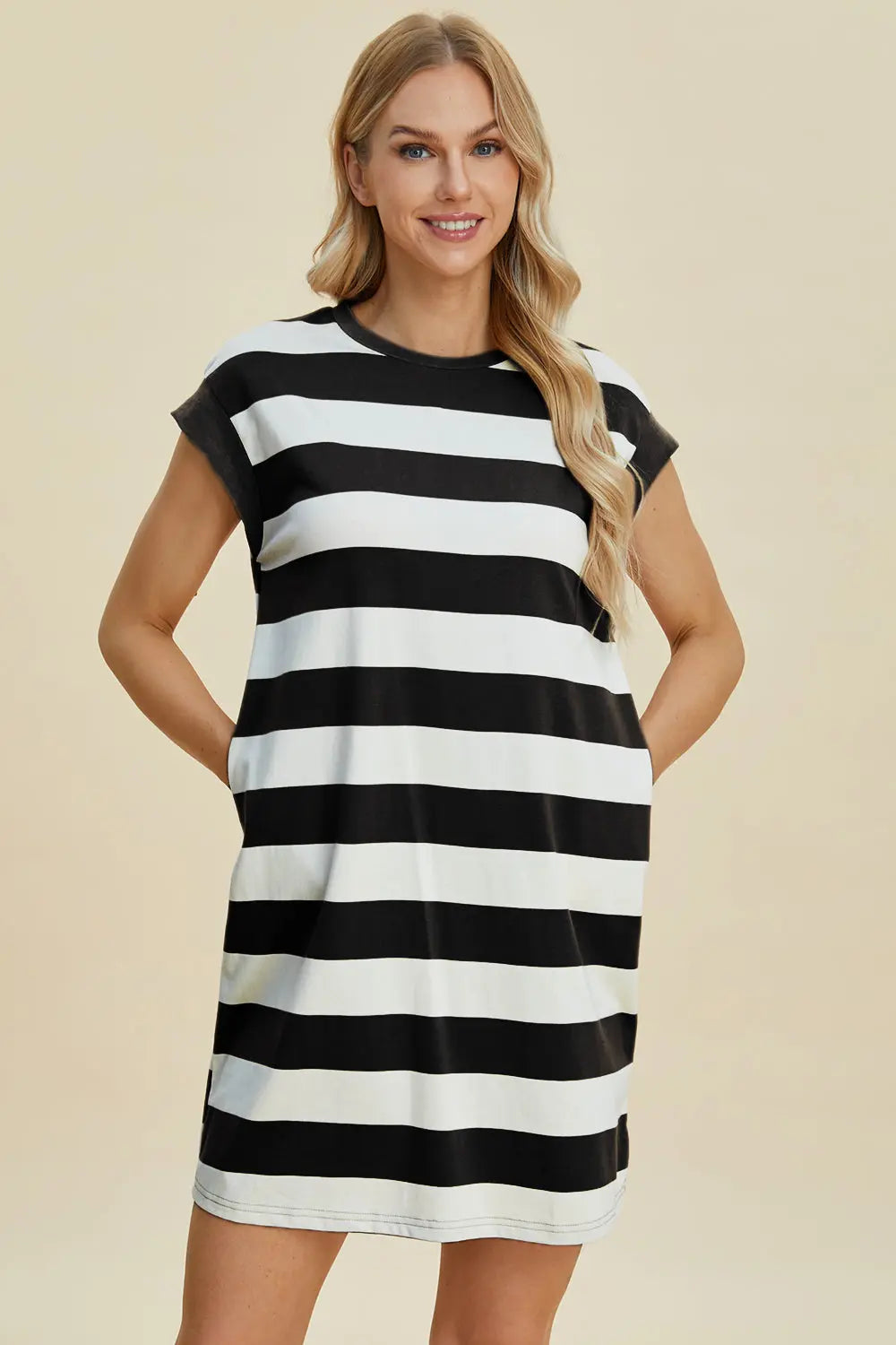 Basic Bae Women's Full Size Striped Round Neck Cap Sleeve Mini Dress - Casual Summer Outfit for Beach, Party & Date Night
