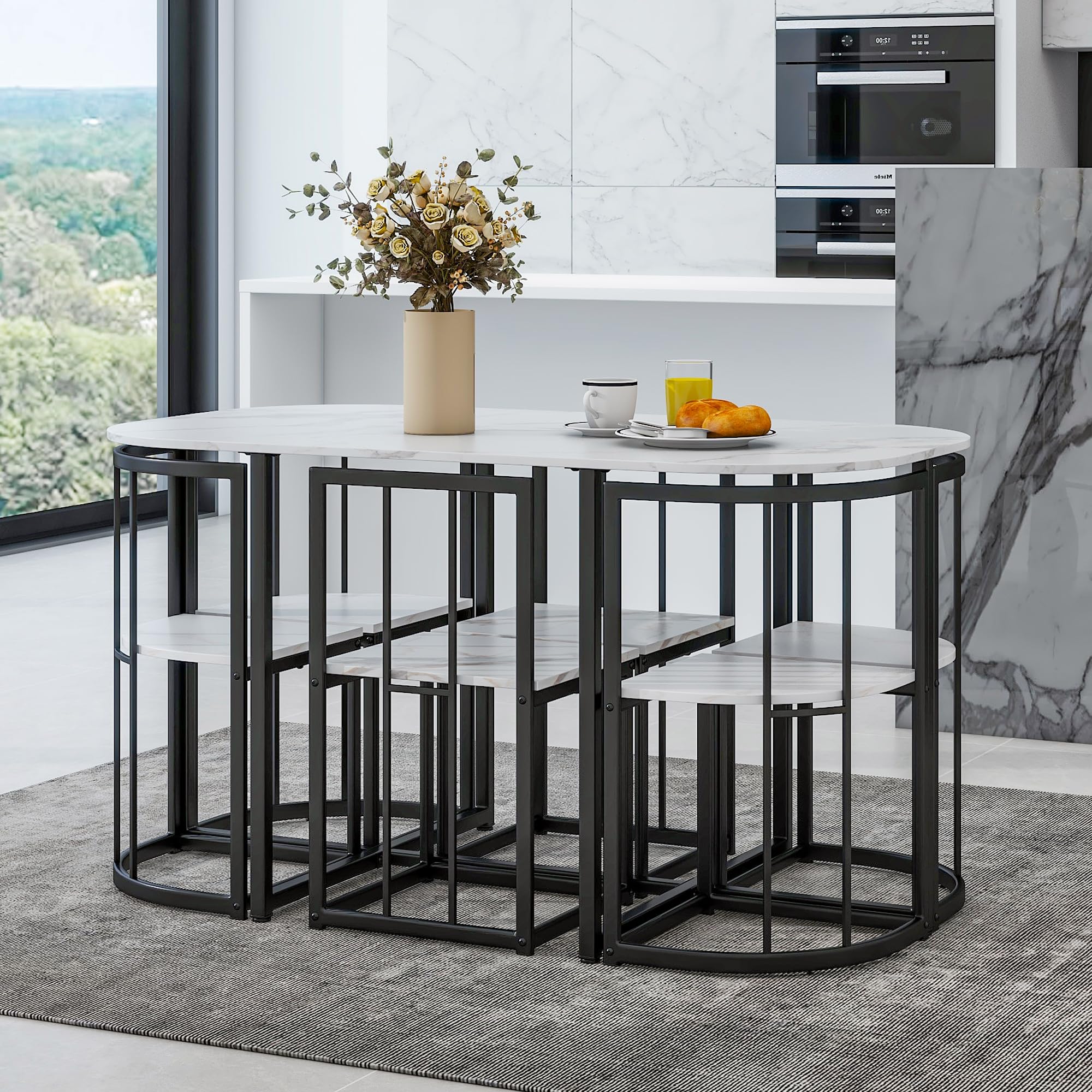 Modern 7-Piece Dining Table Set with Faux Marble Top - LZ LEISURE ZONE Compact Kitchen Table & 6 Chairs in Black & White - Perfect for Small Spaces, Apartments, and Contemporary Dining Rooms