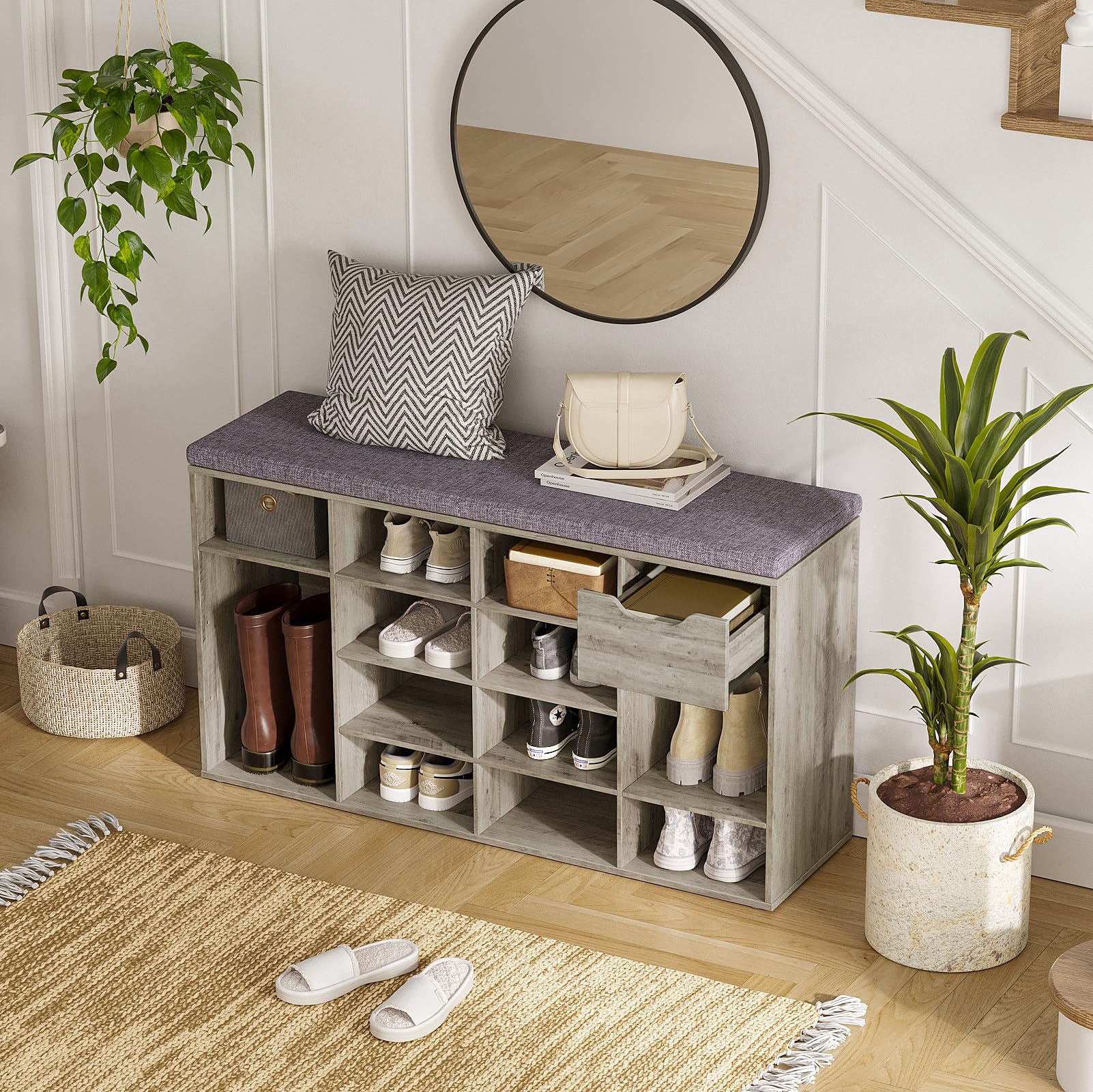 DINZI LVJ Shoe Bench with Drawer & 15 Cubbies - Adjustable Shelves Entryway Storage Organizer for Shoes - Gray Wash Shoe Cabinet for Living Room, Bedroom, Mudroom & Garage | Perfect for Small Space Organization & Entryway Décor