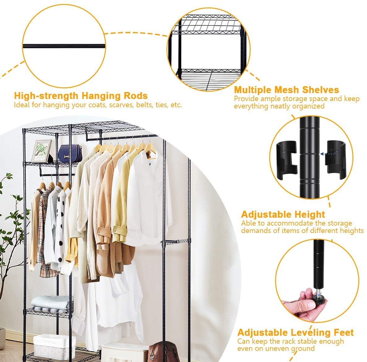 Heavy Duty 4-Tier Garment Rack with 3 Hanging Rods - Freestanding Closet Storage Organizer, Metal Clothes Rack for Bedroom, Laundry Room or Retail Store - Max Load 396.9 lbs, Black - Perfect for Home Organization and Commercial Clothing Display