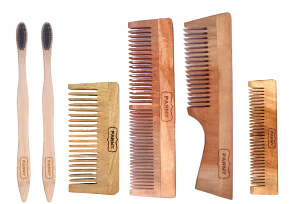 Organic Neem Wood Comb & Bamboo Toothbrush Set - Natural Hair Care & Dental Hygiene for Women & Men | Detangling Comb, Small & Lily Comb (4 Combs + 2 Toothbrushes) | Perfect for Travel, Home & Eco-Friendly Gifts