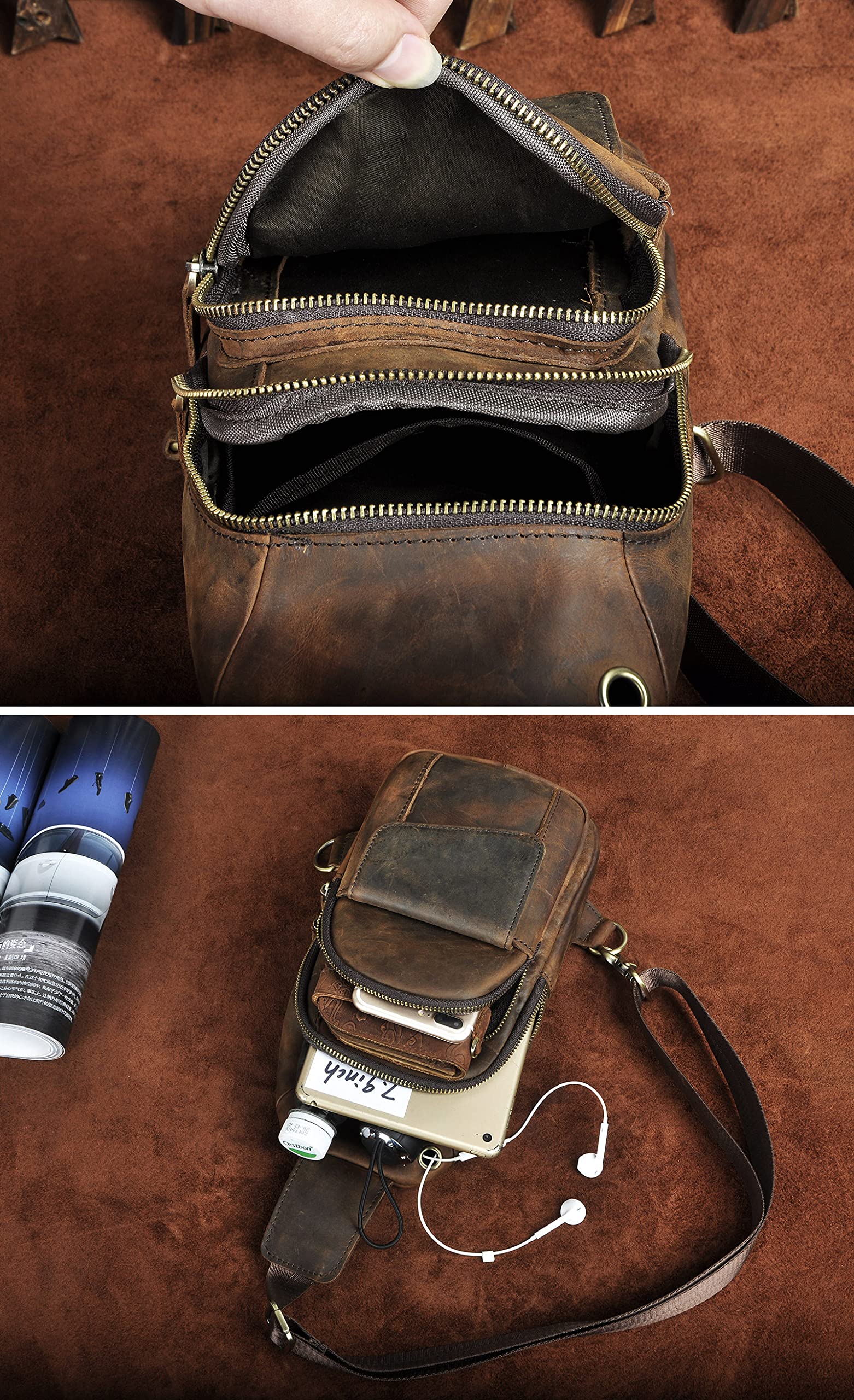 **Le'aokuu Men's Leather Crossbody Chest Sling Bag - Outdoor Hiking, Travel & Casual Use - Dark Brown (B 8013) - Perfect for Hiking, Daily Commute & Hands-Free Convenience**