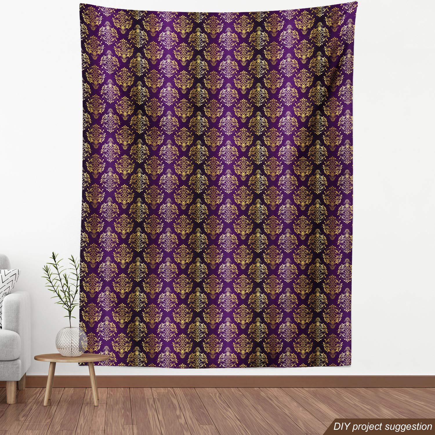 Ambesonne Yellow Damask Fabric - Oriental Leaf Print for Upholstery & Home Decor