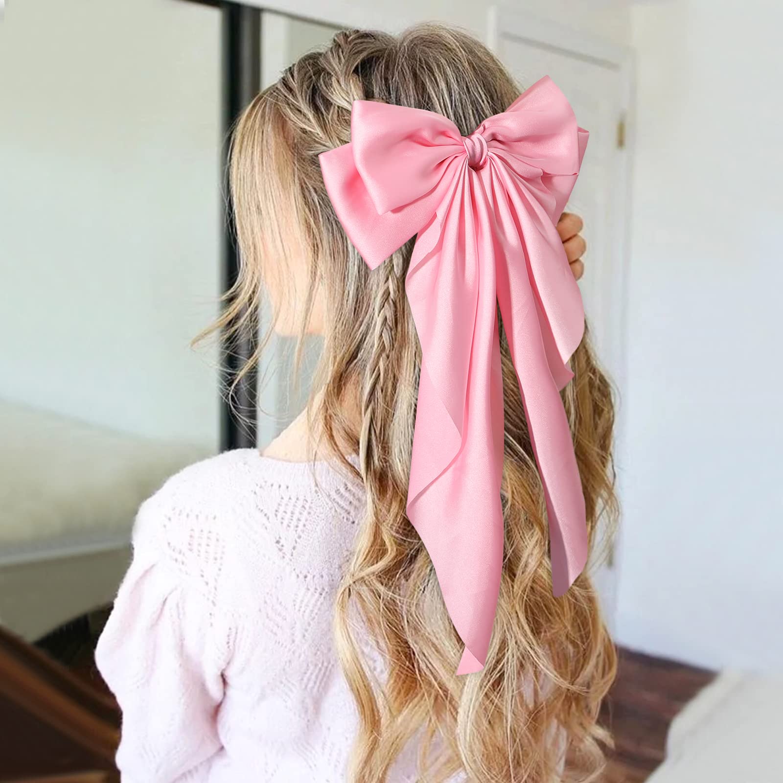 1PC Large Satin Hair Bows for Women & Girls - Giant Long Ribbon Bow Hair Clips, Ponytail Holder, Silk Hair Accessories (Pink) - Perfect for Weddings, Parties & Everyday Style