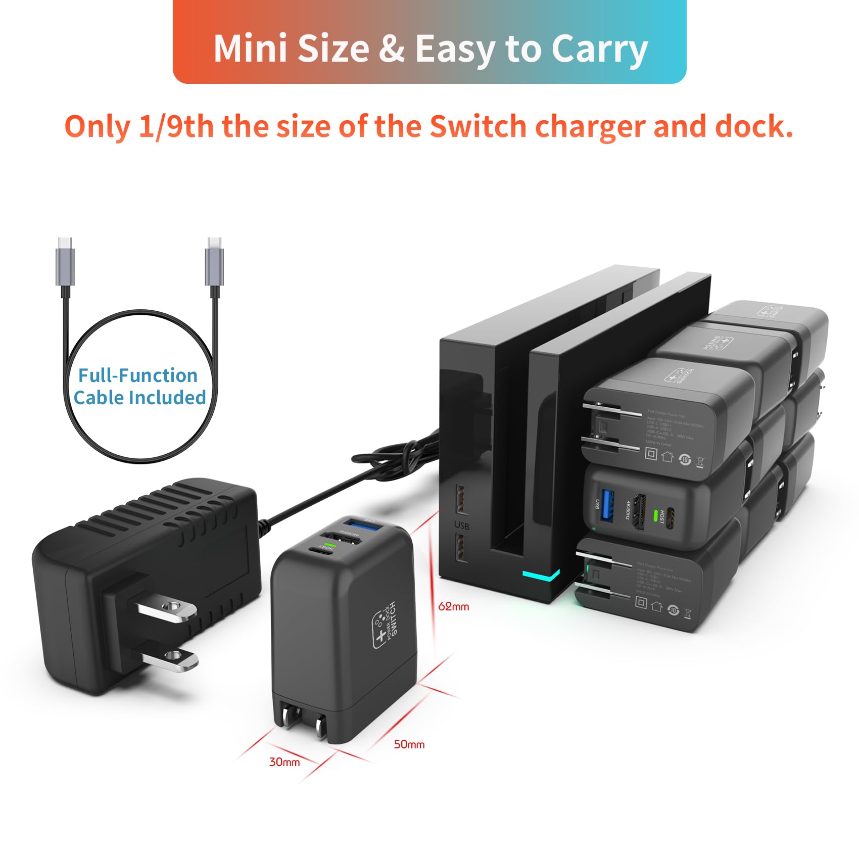 Mirabox 30W Portable TV Docking Station for Nintendo Switch - 4K@60Hz HDMI, USB 2.0, PD USB-C Fast Charging Ports - Includes Full-Featured USB-C to USB-C Cable - Perfect for Gaming at Home or Travel