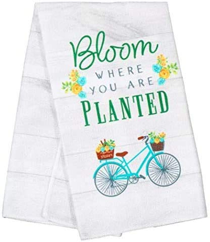SL2U 5-Piece Linen Towel Set with 2 Kitchen Towels, Oven Mitt & 2 Matching Glasses - Floral Bicycle Spring Theme Kitchen Decor for Home, Dining & Gift Giving