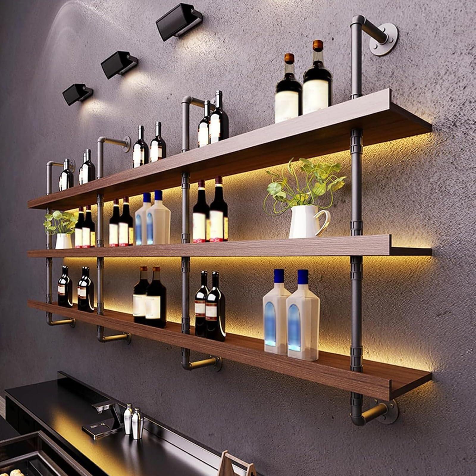 62.9in Large Wine Rack with LED Lights - Solid Wood Wall Mounted 3-Tier Floating Shelf for Wine & Liquor Bottles Storage - Home Bar, Dining Room, Kitchen Decor (160cm/62.9in) - Perfect for Entertaining Guests & Displaying Your Wine Collection