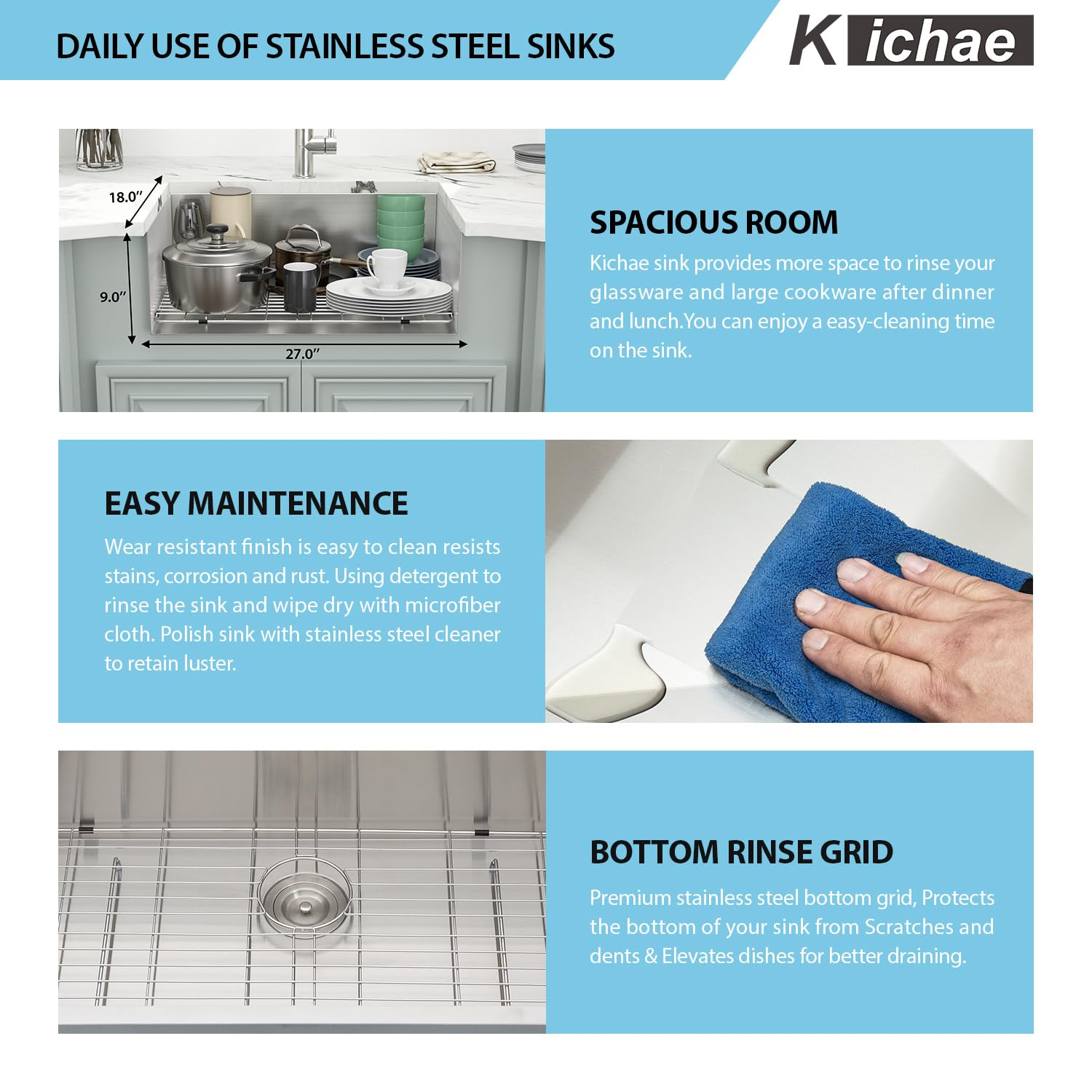 Kichae 28 Inch Undermount Kitchen Sink - 16 Gauge Stainless Steel Single Bowl with Round Corners, Perfect for Modern and Compact Kitchen Designs