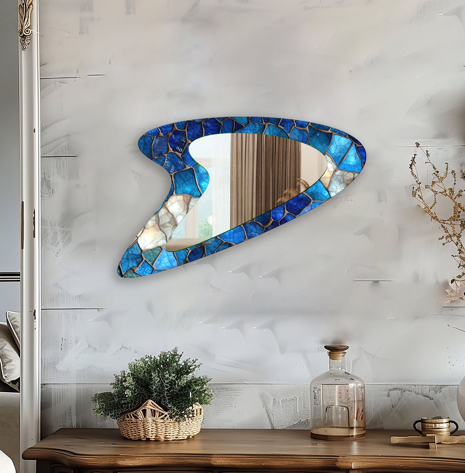 Blue Stained Modern Glass Wall Mirror - Elegant Home Decor for Living Room, Bedroom & Entryway - Perfect for Adding Style & Depth to Any Space