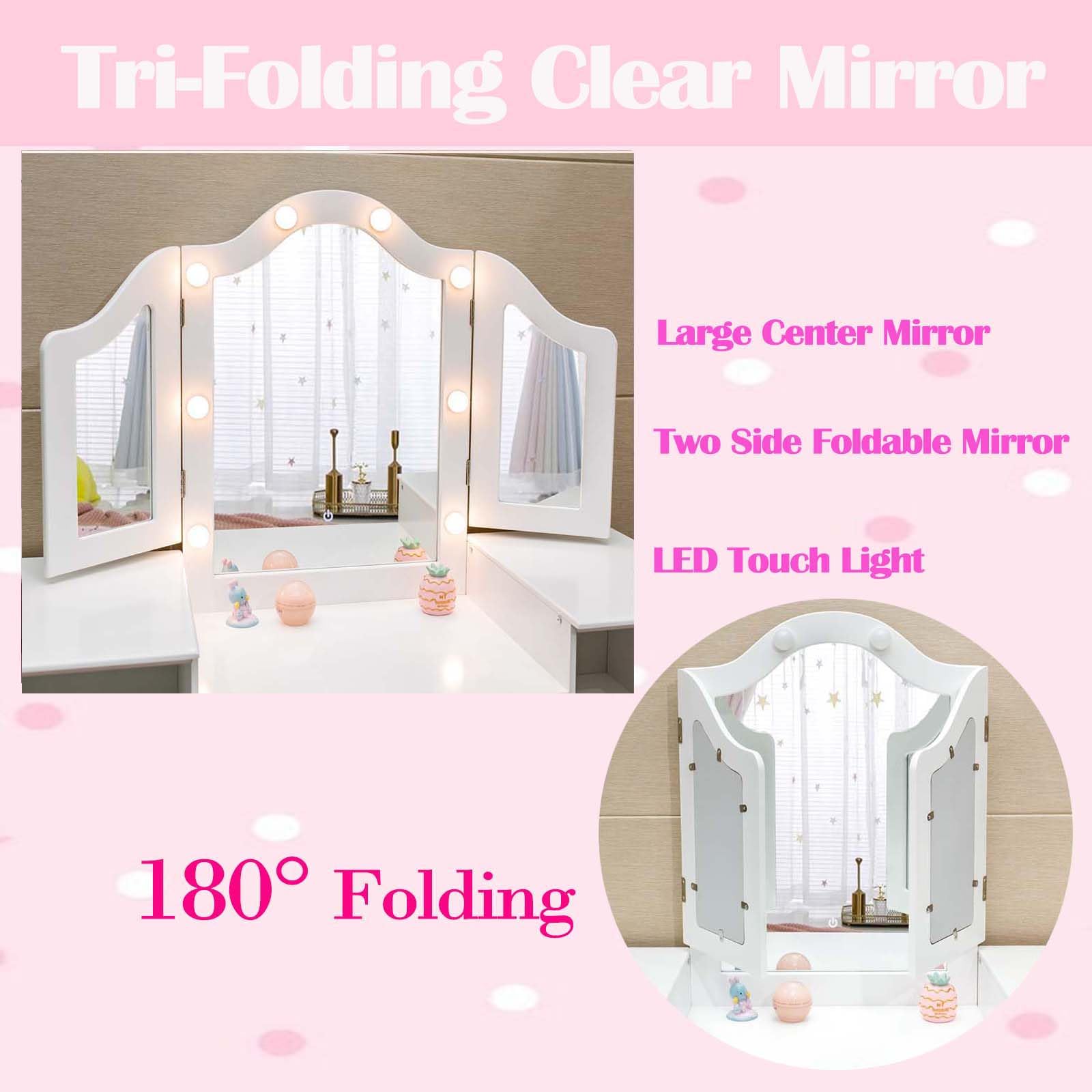 Princess Makeup Vanity Set for Girls - Kids Wooden Vanity Table with Touch Light, Detachable Tri-Folding Mirror & Storage Shelves - Toddler Pretend Play Dressing Desk & Chair - Perfect for Bedroom Decor & Role Play Gifts