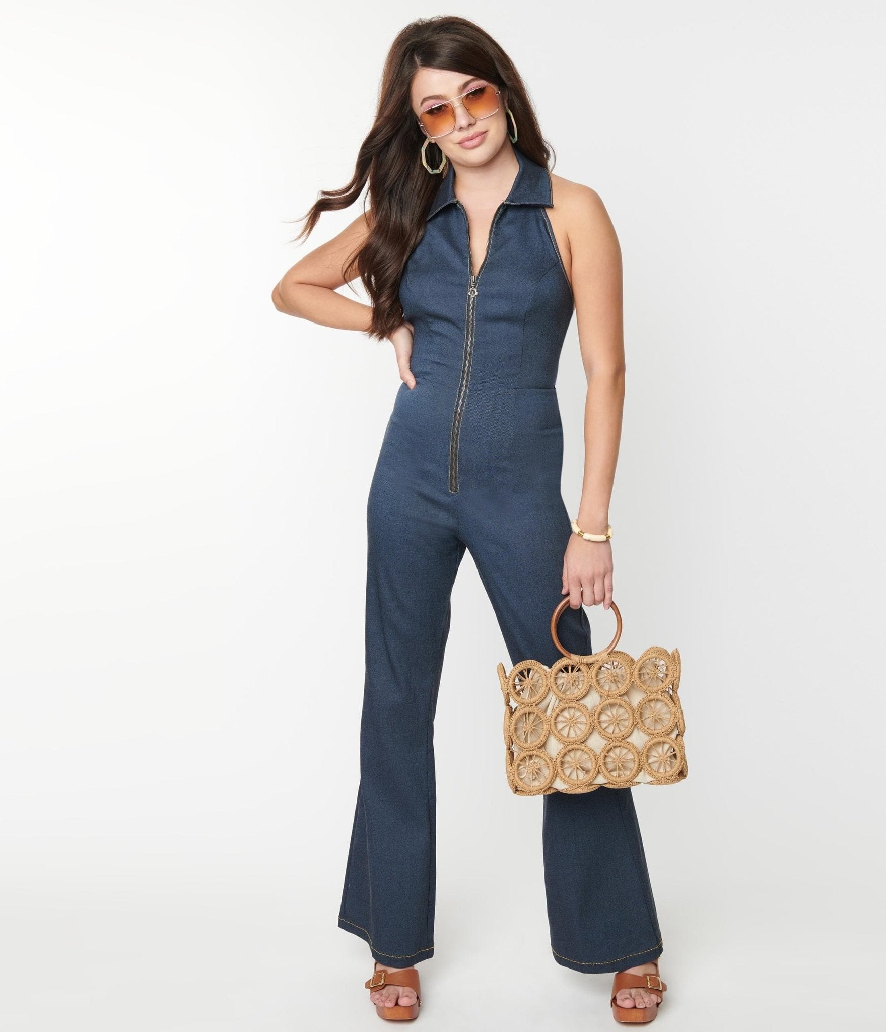 Vintage 1970s Denim Bengaline Halter Jumpsuit with Front Zipper - Retro Smak Parlour Outfit for Women | Perfect for Music Festivals, Parties & Casual Wear