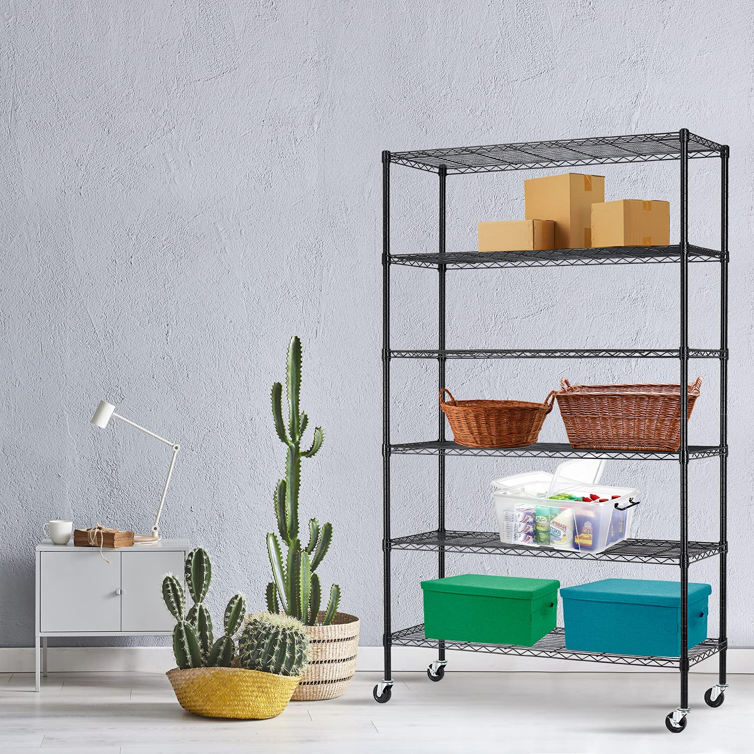 HCY 6-Tier Heavy Duty Metal Shelving Unit, 82x48x18 Adjustable Steel Wire Shelves with Casters - Sturdy Garage Storage for Pantry, Kitchen, Warehouse & Workshop Organization (Black)