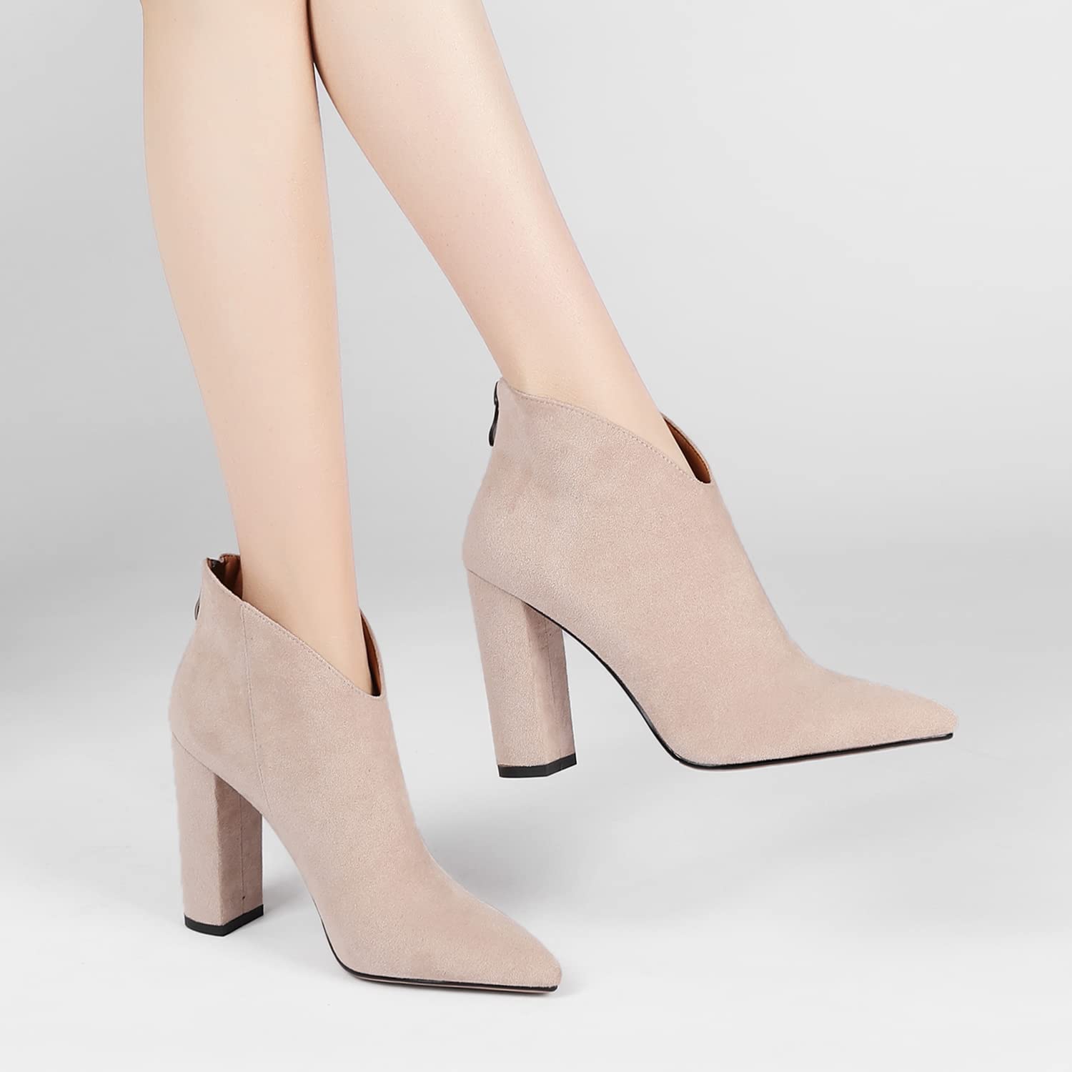 LEHOOR Women's Suede Chunky Heel Booties - Pointed Toe Ankle Boots with Back Zipper, 3 Inch Block Heel, Vintage Style (US 4-11) | Elegant Dress Boots for Work, Winter Fashion & Daily Wear