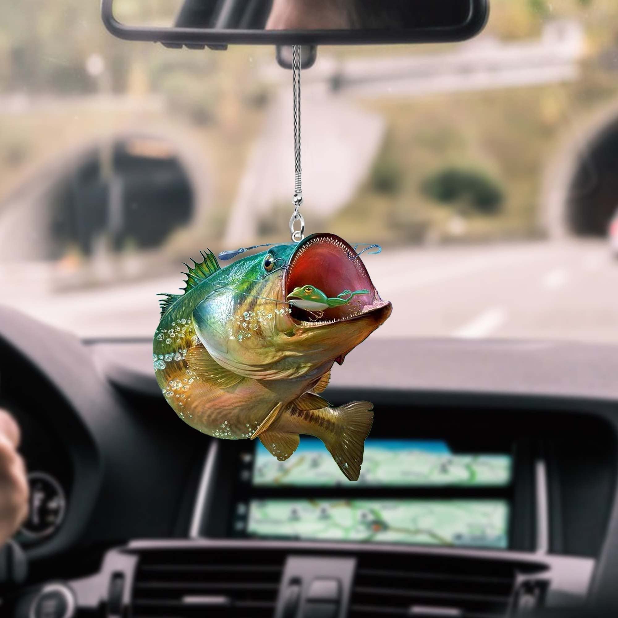Bass Fishing Frog Car Hanging Ornament - 2-Sided 2D Printed Bass Lover Car Decor - Perfect Gift for Fishermen & Anglers - Rear View Mirror Accessory for Trucks, SUVs & Cars (Great for Fishing Trips & Outdoor Adventures)