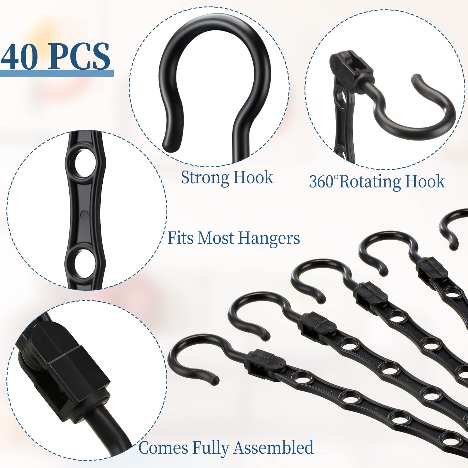 Hoteam 40 Pack Space Saving Clothes Hangers - Heavy Duty Plastic Closet Organizers with 5 Holes for Shirts, Pants & Dorm Essentials - Perfect for College, Apartment & Small Spaces (Black)