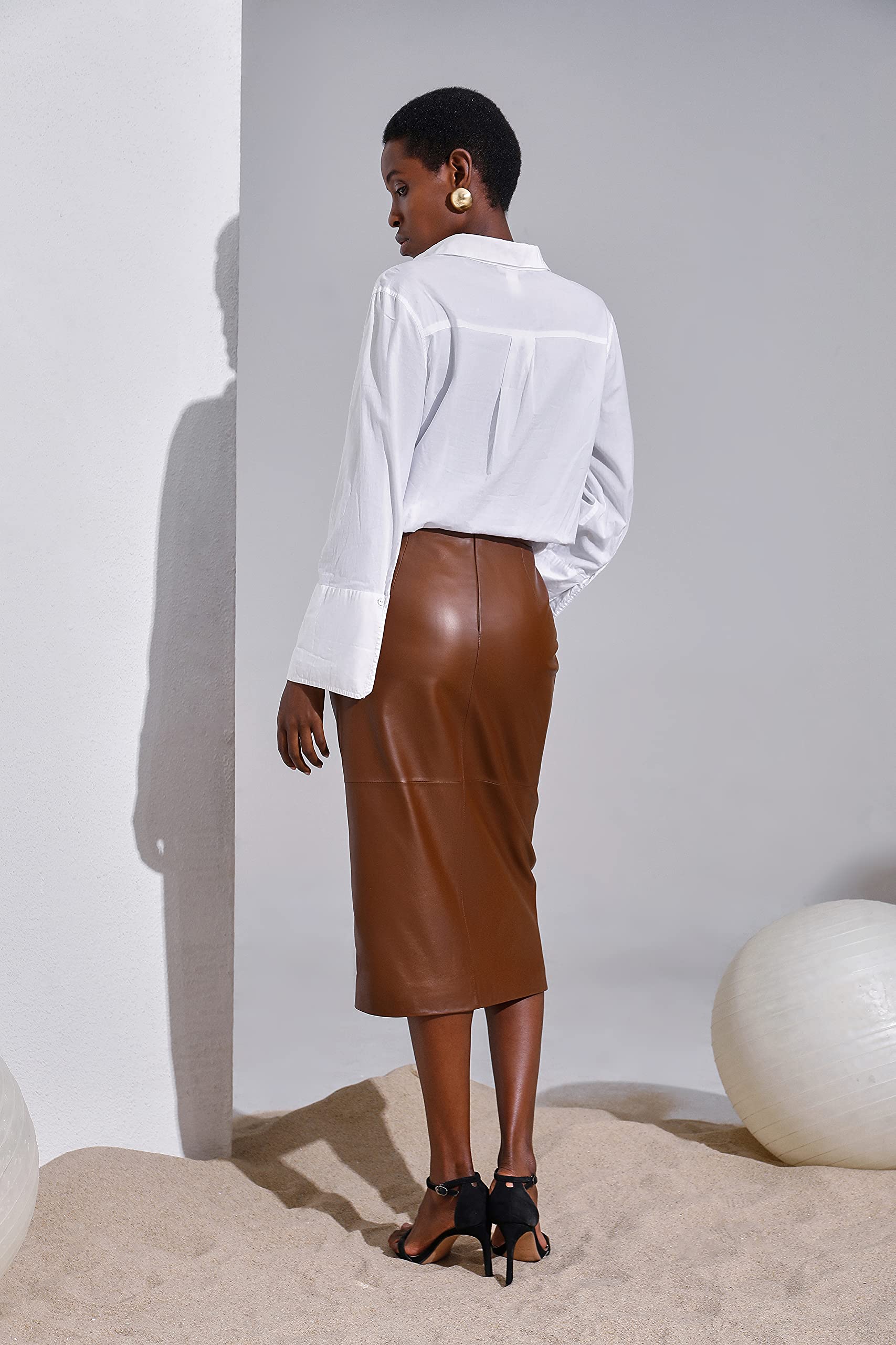 Stylish Women's Leather Midi Pencil Skirt with High Slit - SmartUniverseWear | Perfect for Office, Date Night & Evening Events