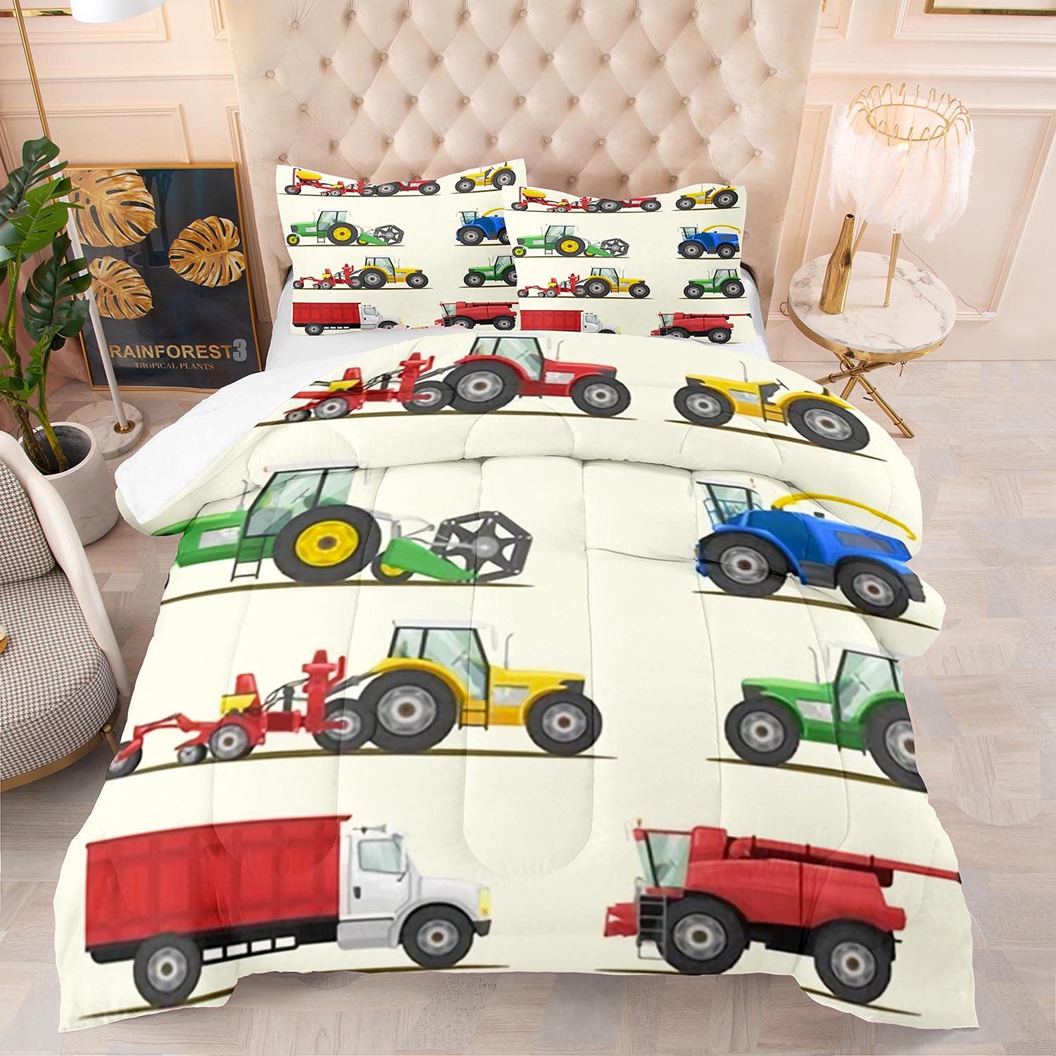 EDUMEYA Full Size Construction Truck Comforter Set - Kids Excavator & Engineering Vehicle Bedding with 1 Comforter & 2 Pillowcases | Fun Cartoon Design for Toddler Boys' Room Decor & Playtime
