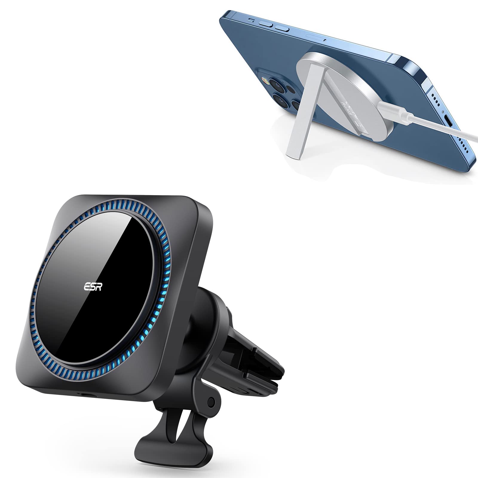 ESR HaloLock Wireless Car Charger with CryoBoost & Kickstand - MagSafe-Compatible Fast Charging for iPhone 13/12 Series - Perfect for Driving, Commuting & Hands-Free Charging