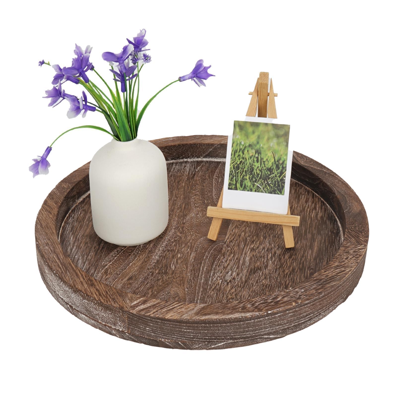11'' Round Wooden Serving Tray - Rustic Farmhouse Kitchen & Dining Table Centerpiece Decor - Handcrafted Light Coffee Wood Decorative Tray for Home, Coffee Table, and Party Serving - Perfect for Farmhouse Style Decor, Gift Giving, and Entertaining Guests