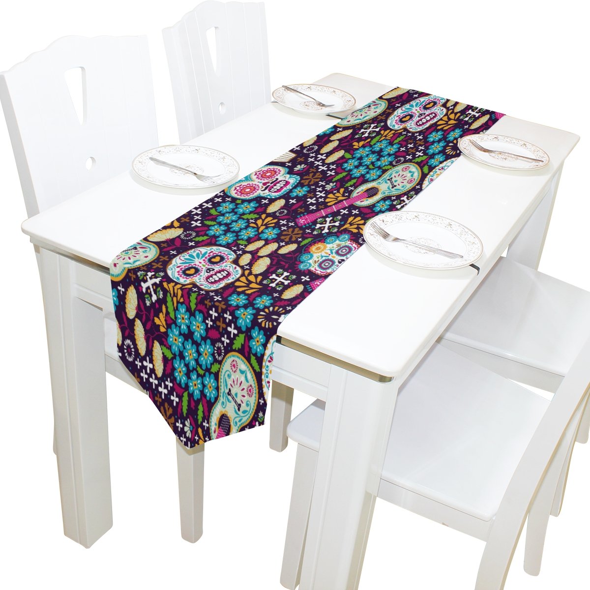 ALAZA Mexican Sugar Skull Table Runner - 13x70 Inch Decorative Tablecloth for Wedding, Party & Banquet - Durable Coffee Table Mat for Home Decor & Holiday Celebrations