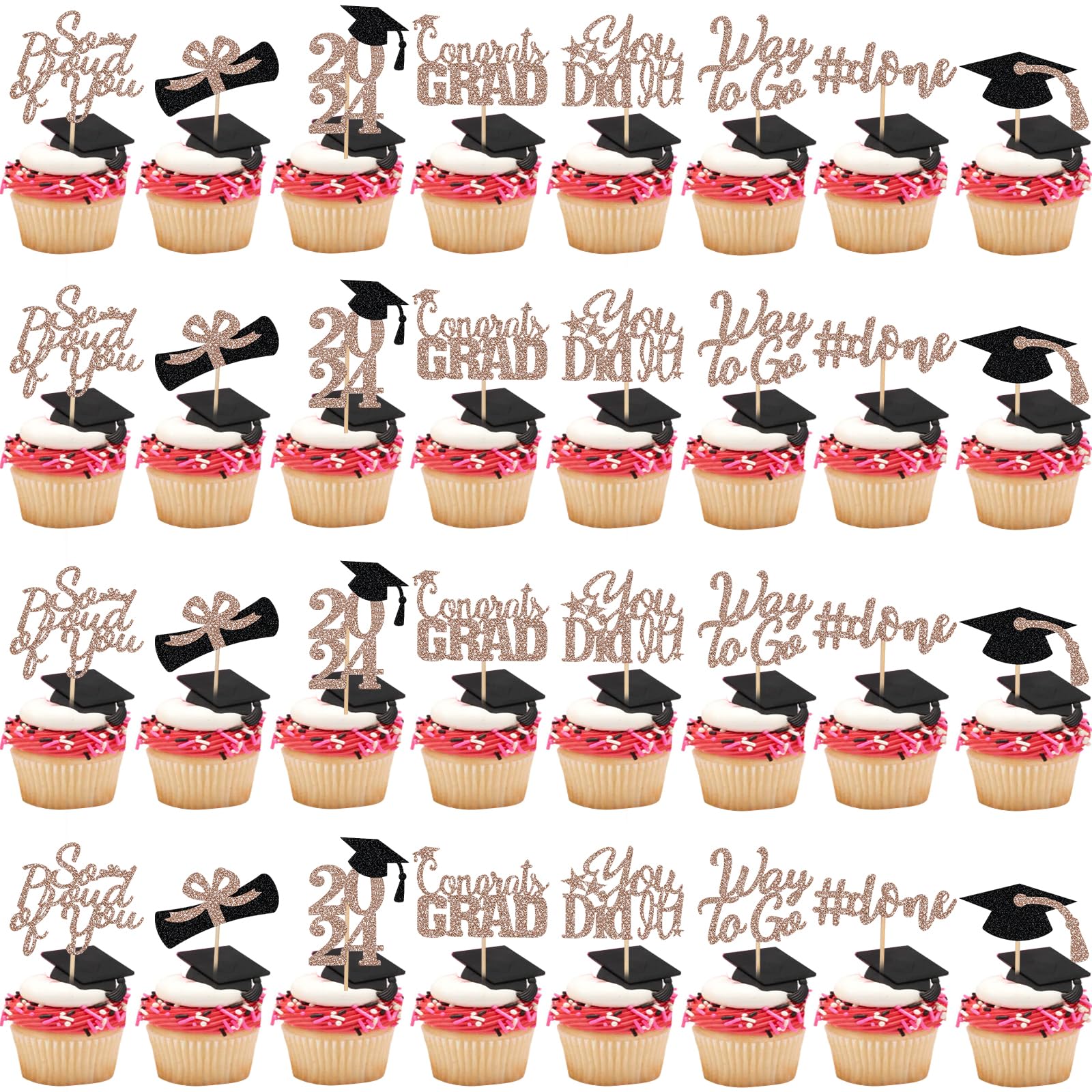 2024 Rose Gold Graduation Cupcake Toppers - 32Pcs Class of 2024 Congrats Grad Cupcake Picks for Graduation Party Decorations | Perfect for Graduation Cakes, Desserts, and Celebration Decor