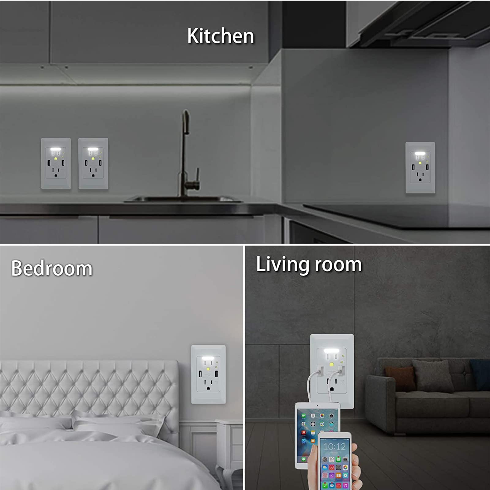 GREENCYCLE 15-Amp High Speed USB Wall Charger Outlet with 4.2A Dual Ports & 2 AC Outlets - Auto Nightlight Sensor, Power-Saving Design, White (6 Pack) - Perfect for Bedrooms, Kitchens, Offices & Home Renovations