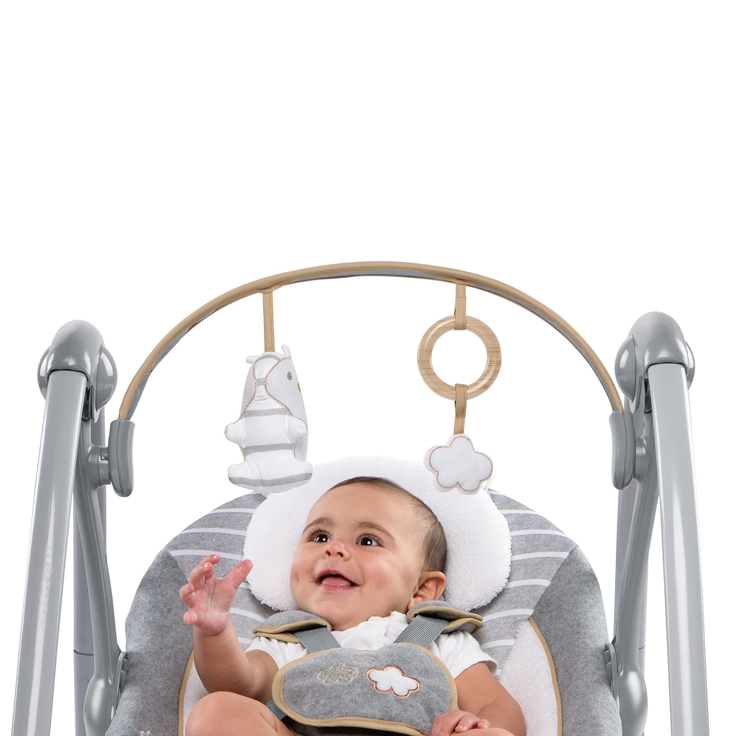 Ingenuity Swing 'n Go Deluxe 5-Speed Baby Swing with Cushioned Harness - Foldable, Portable Infant Swing with 2 Plush Toys & Soothing Sounds for Newborns 0-9 Months (6-20 lbs) - Perfect for Nursery, Travel & Calming Fussy Babies (Bella Teddy Design)