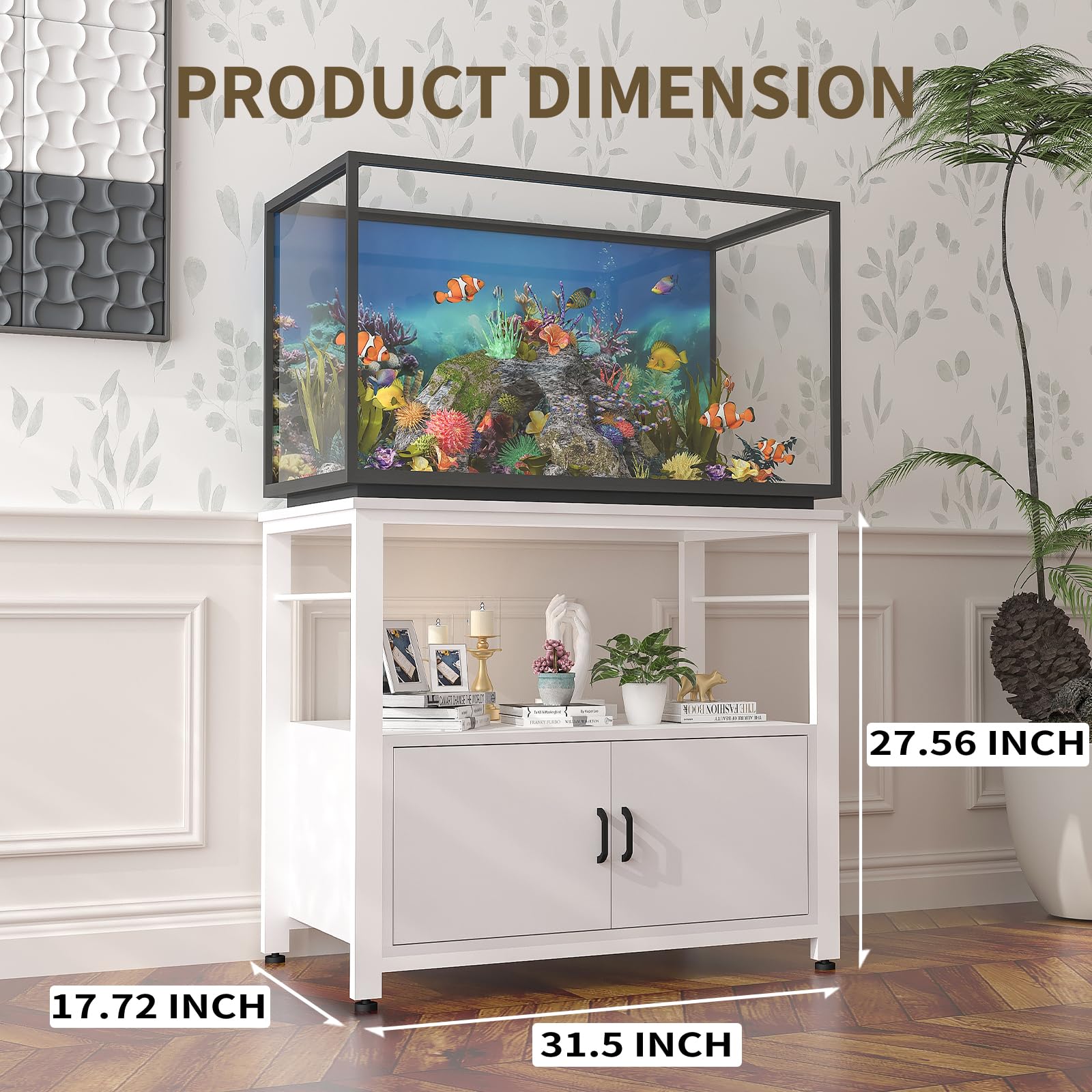 Heavy Duty Metal Fish Tank Stand for 40-50 Gallon Aquariums | Double Layer Storage Cabinet with 760lbs Weight Capacity | White Aquarium Stand for Living Room, Office or Bedroom