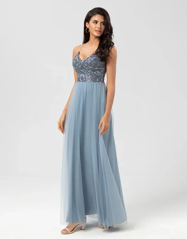 Elegant Dusty Blue A-Line Spaghetti Strap Beaded Bridesmaid Dress for Weddings & Formal Events