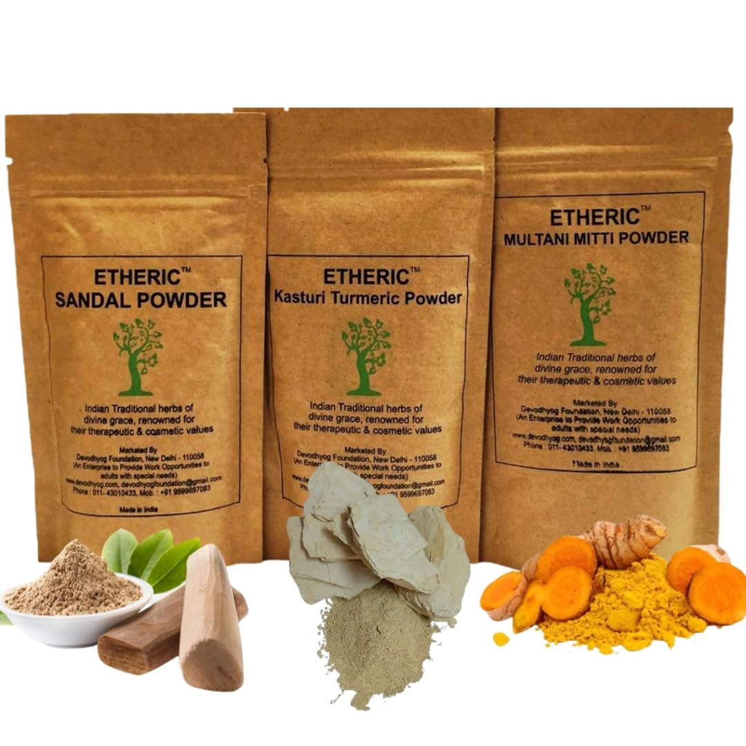 Etheric Glowing Skin Pack (Sandalwood + Kasturi Turmeric + Multani Mitti) - 3x75g Fairness Face Mask for Acne Treatment, Wrinkle Removal & Blemish Reduction | Natural Skin Brightening & Anti-Aging | Perfect for Daily Skincare & Spa Treatments