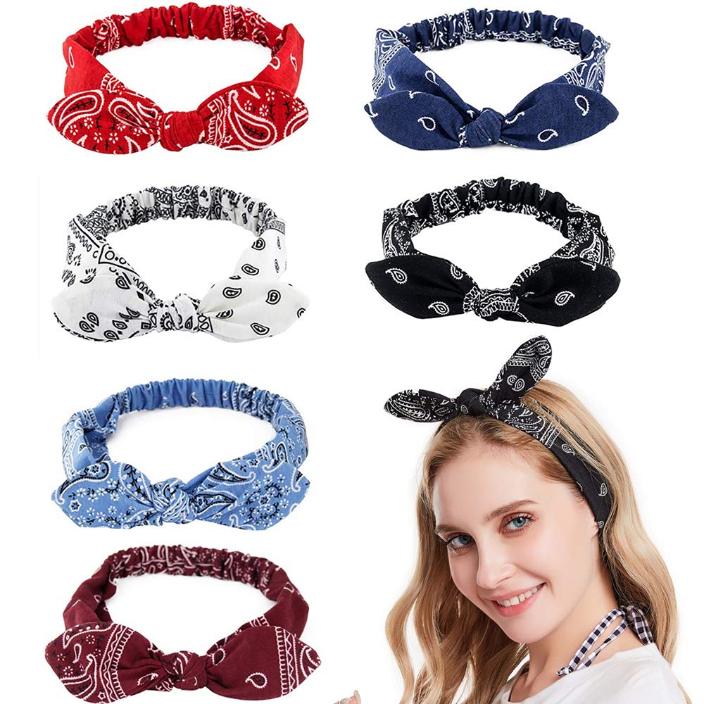 DINPREY Assorted Paisley Print Wide Bandana Knot Headbands - Criss Cross Head Wrap Hair Band for Women (6 Colors Rabbit Ear Headwraps) - Perfect for Yoga, Workouts, Sports & Fashion Accessories