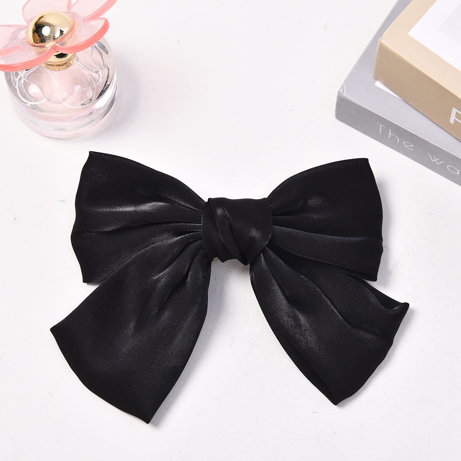 Elegant Black Satin Hair Bow Clips for Women & Girls - Large 8 Inch French Barrettes, Hair Accessories for Parties, Weddings & Everyday Style