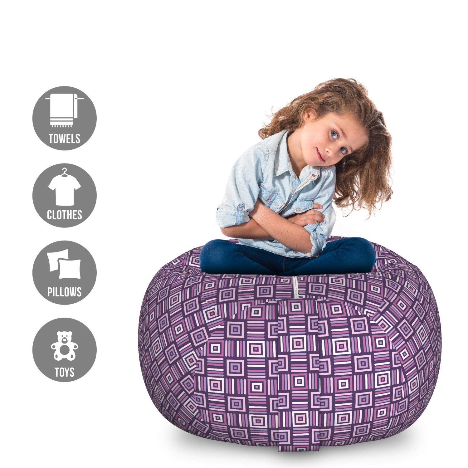 Ambesonne Geometric Quadrilaterals Pattern Storage Toy Bag Chair - Contemporary Stripes & Squares Design, Large Washable Stuffed Animal Organizer in Purple & Plum | Perfect for Kids' Room, Playroom & Dorm Organization