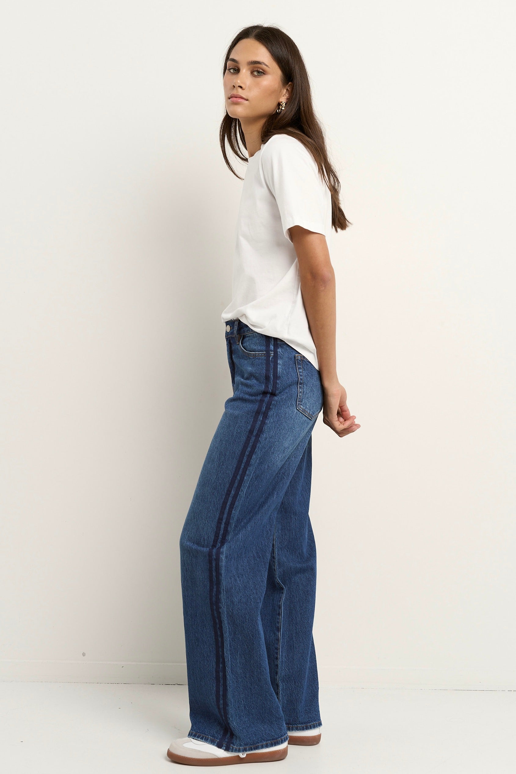 Stylish Manhattan Mid Blue Mid Rise Side Stripe Wide Leg Jeans for Women - Perfect for Casual Outings & Weekend Wear