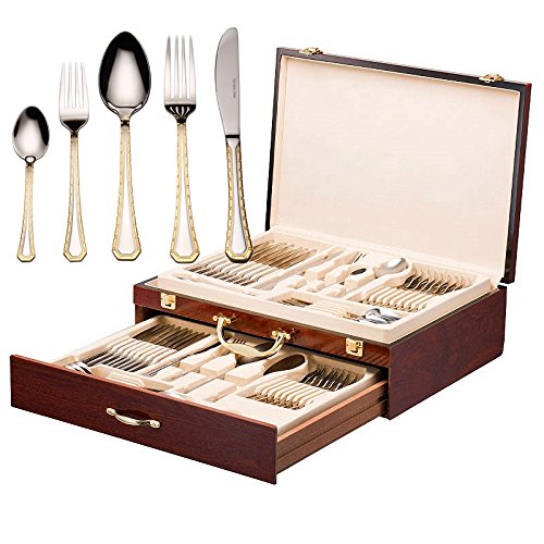 Premium 75-Piece Italian Damascus Silverware Set - 24K Gold Plated 18/10 Stainless Steel Flatware for 12 - Elegant Dining Cutlery & Hostess Serving Set in Gift Chest - Perfect for Weddings, Dinner Parties & Formal Entertaining